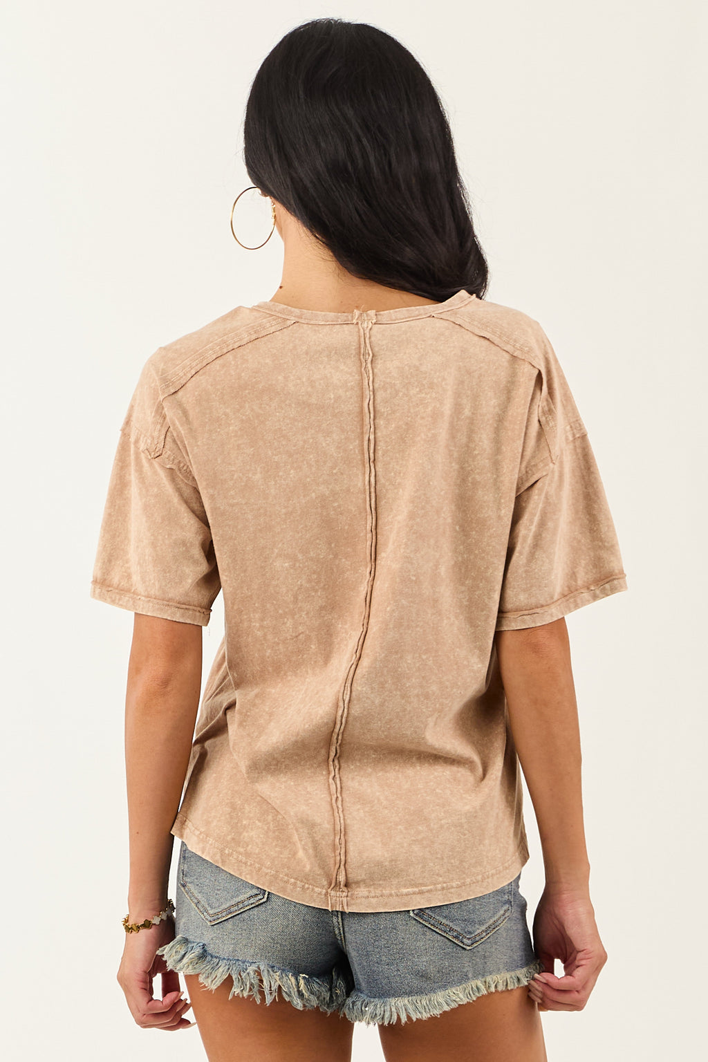 Latte Mineral Washed Cotton Short Sleeve Top