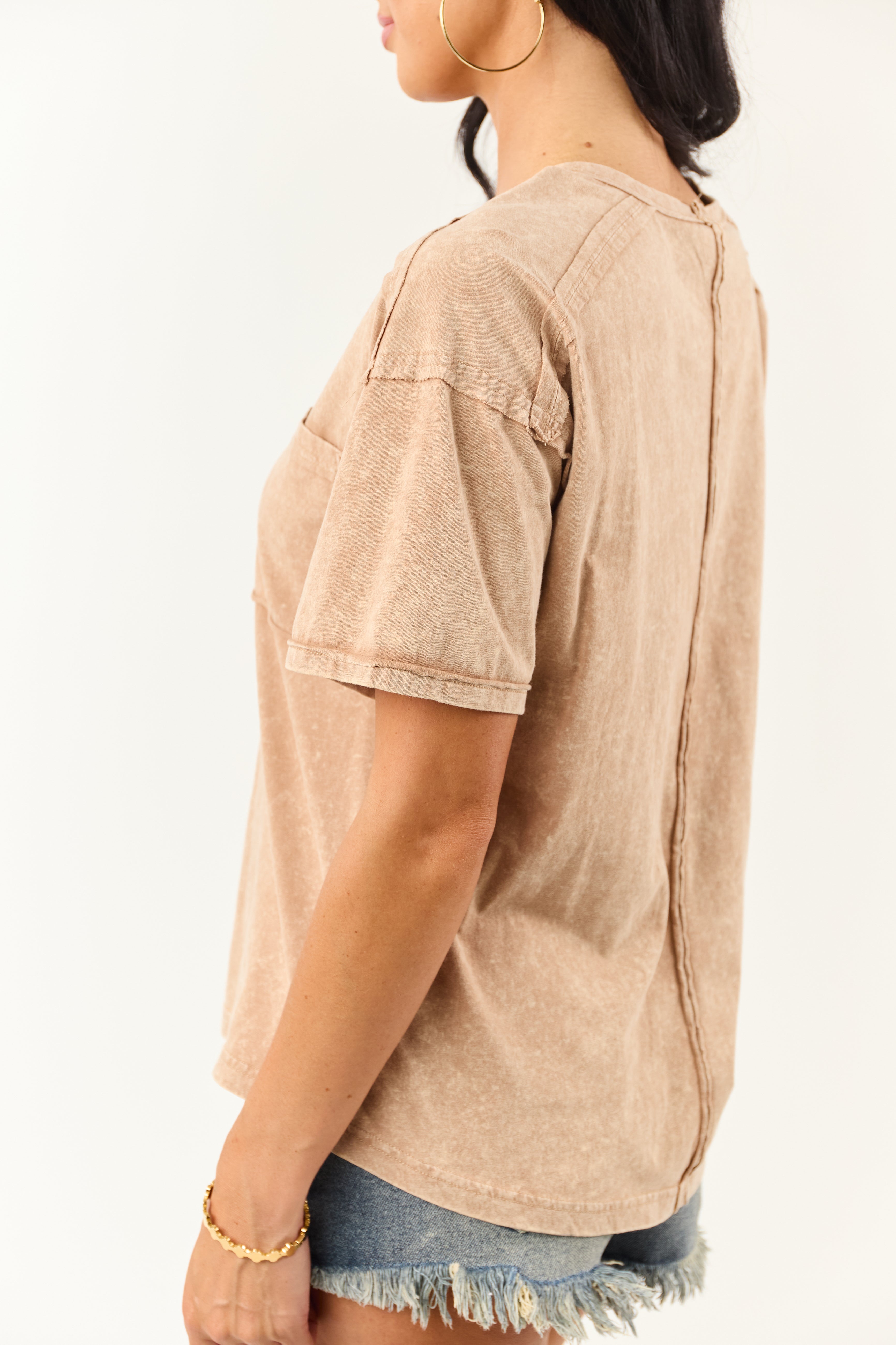 Latte Mineral Washed Cotton Short Sleeve Top