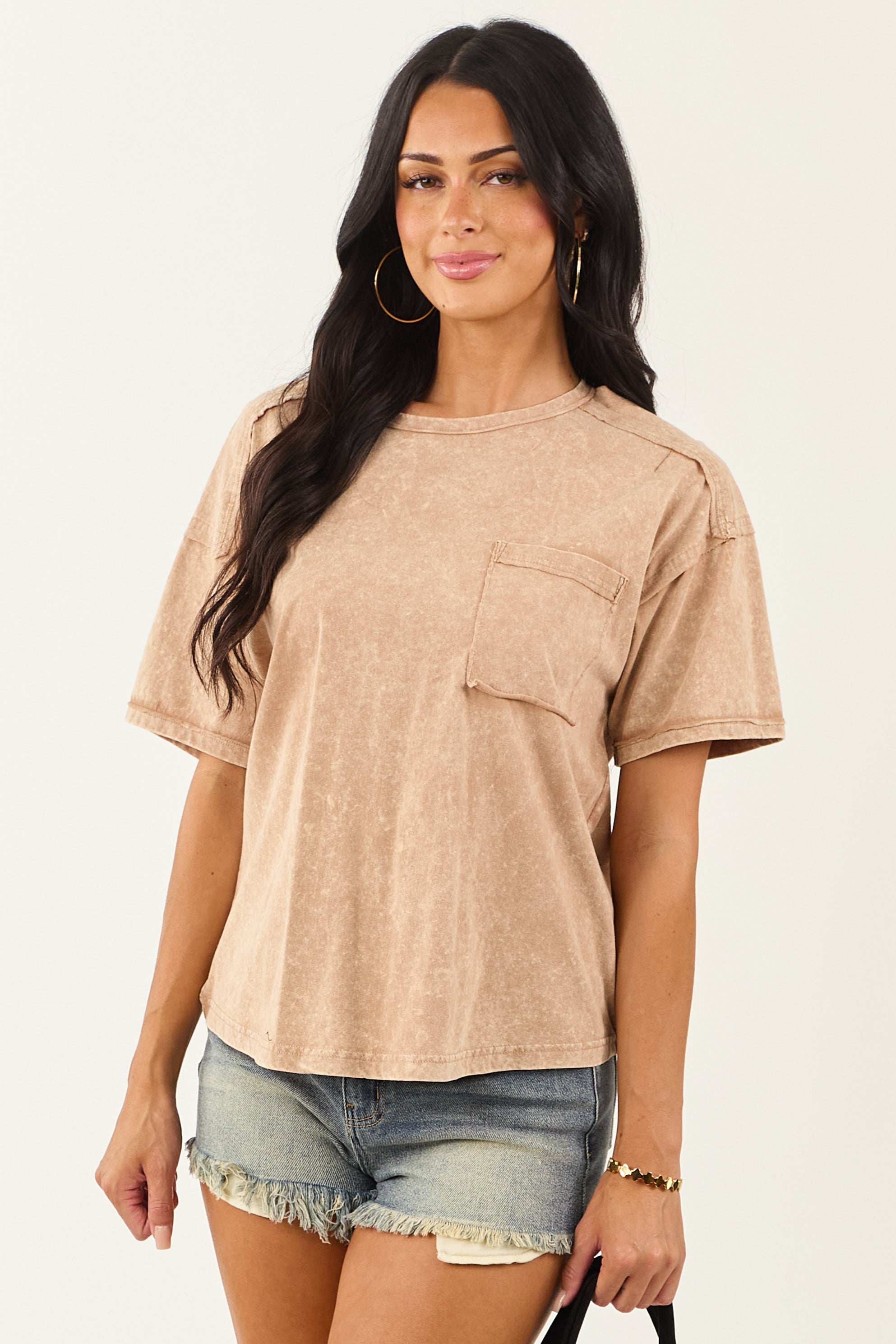 Latte Mineral Washed Cotton Short Sleeve Top