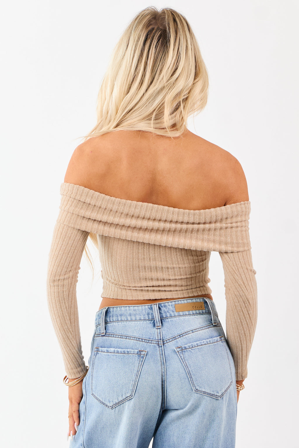Latte Off the Shoulder Long Sleeve Knit Top