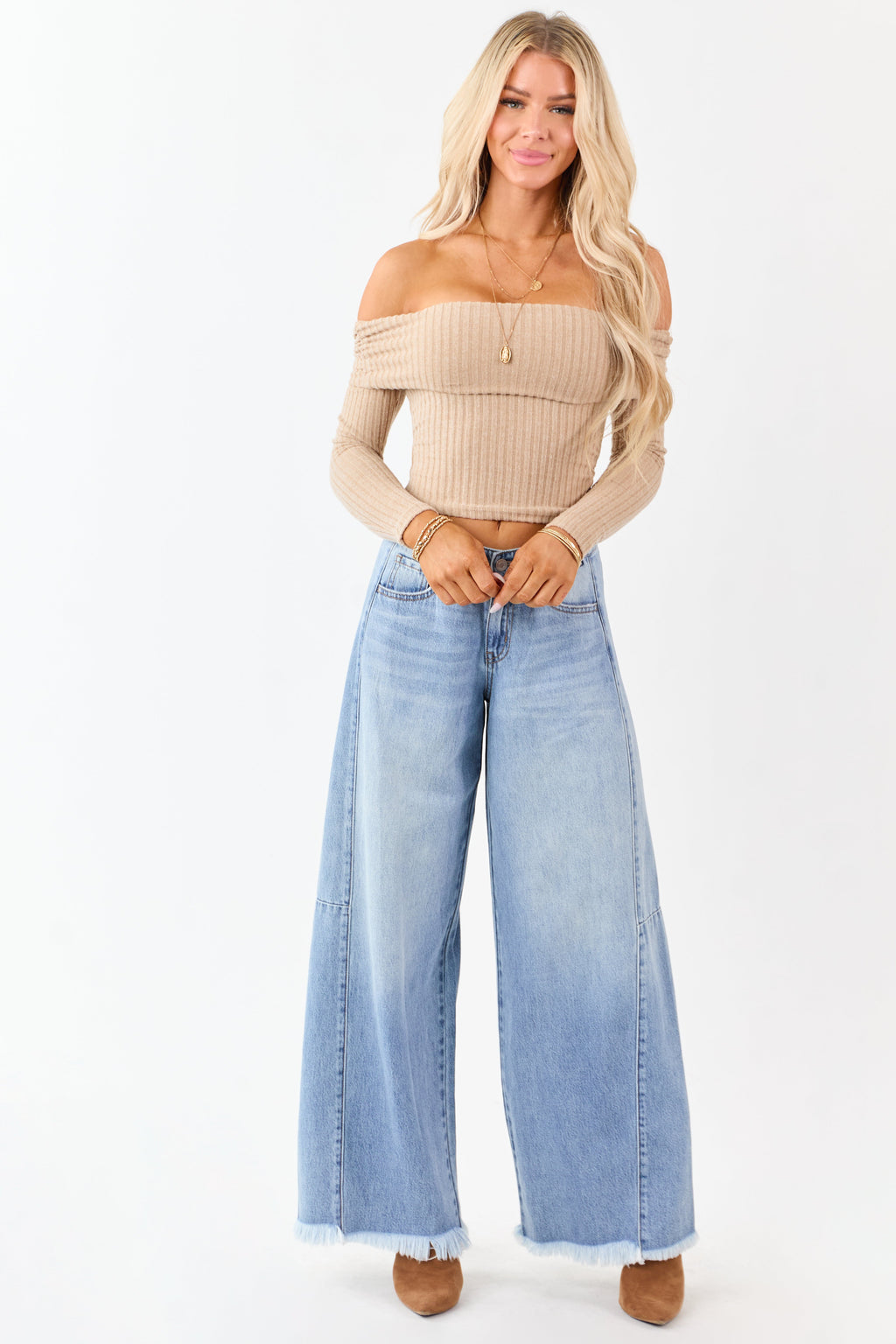 Latte Off the Shoulder Long Sleeve Knit Top