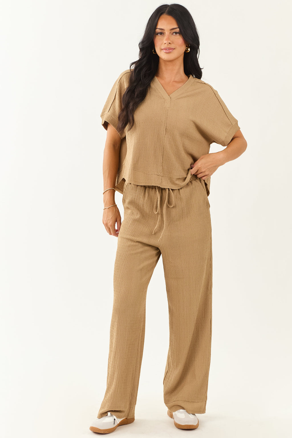 Latte Textured Knit Short Sleeve Top and Pants Set