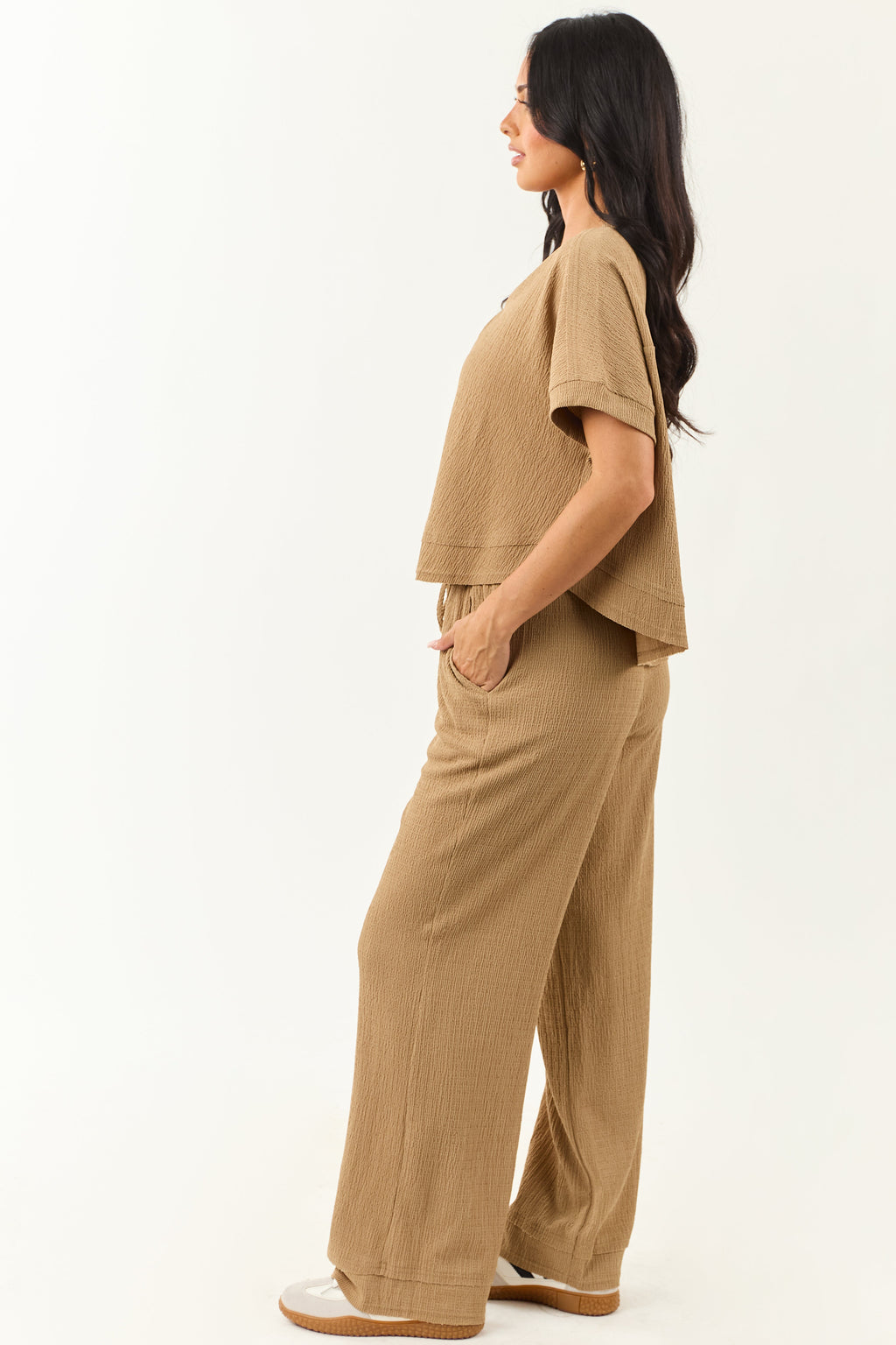 Latte Textured Knit Short Sleeve Top and Pants Set