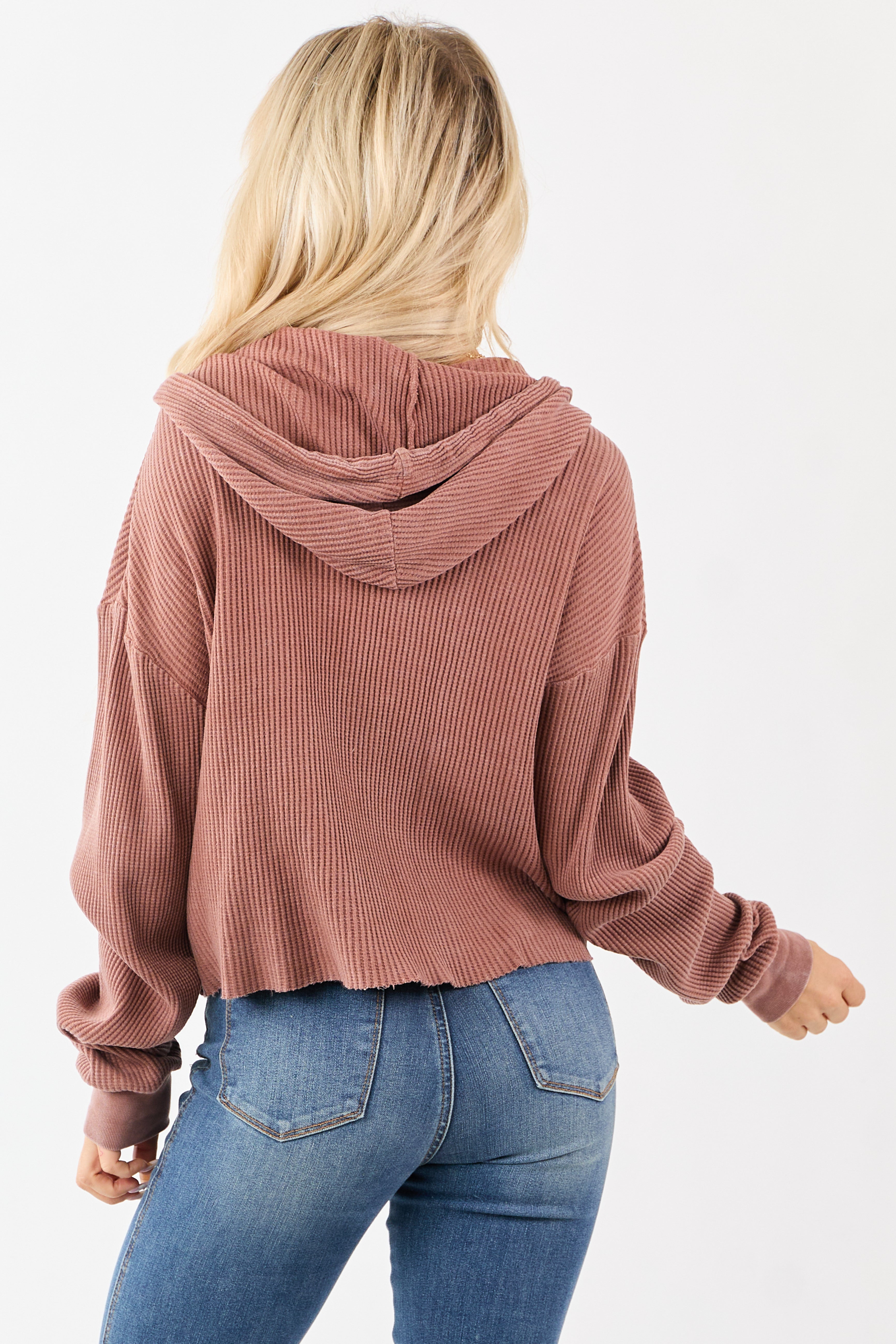 Light Sienna Cotton Waffle Knit Hooded Long Sleeve Top