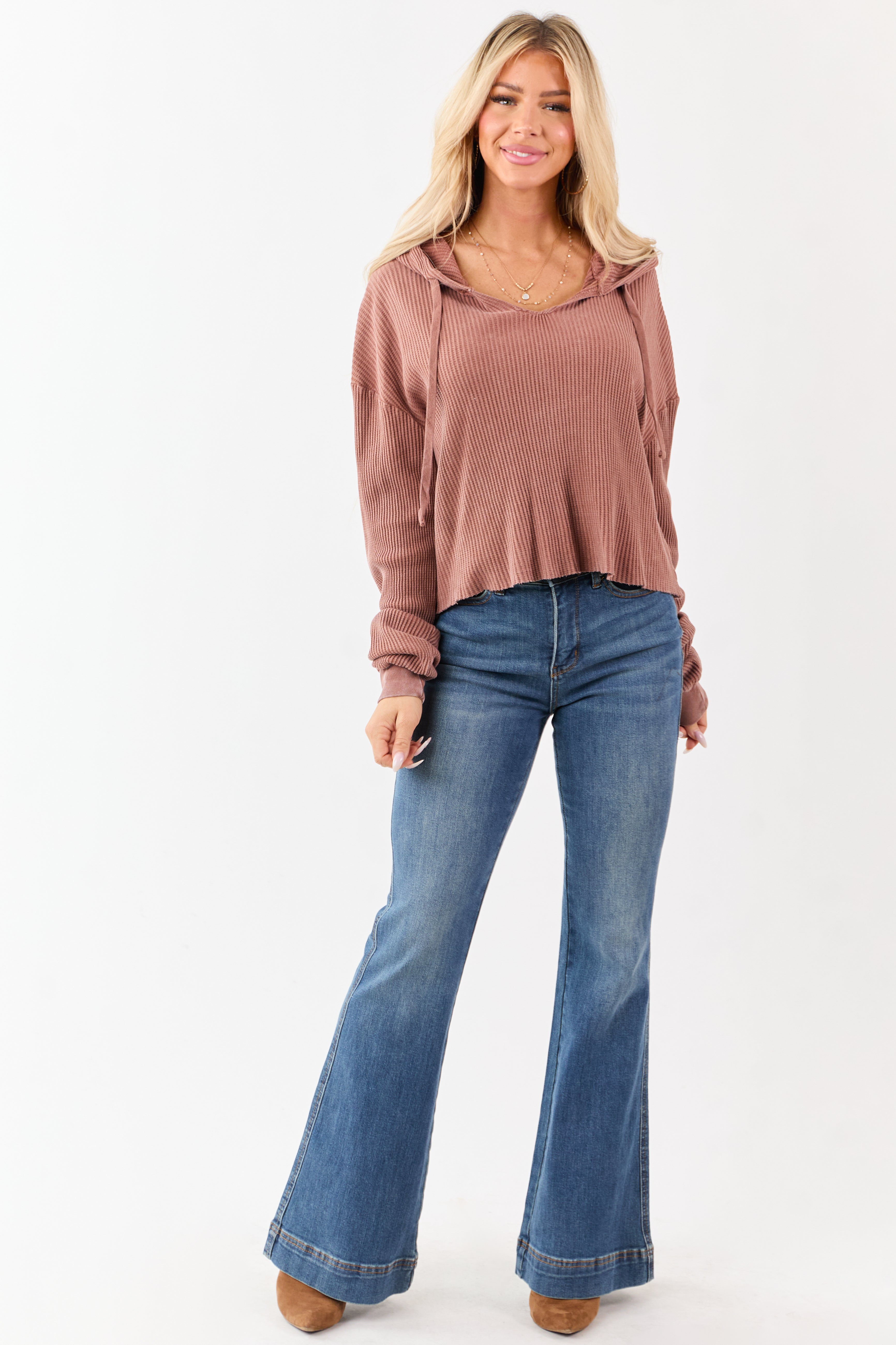 Light Sienna Cotton Waffle Knit Hooded Long Sleeve Top