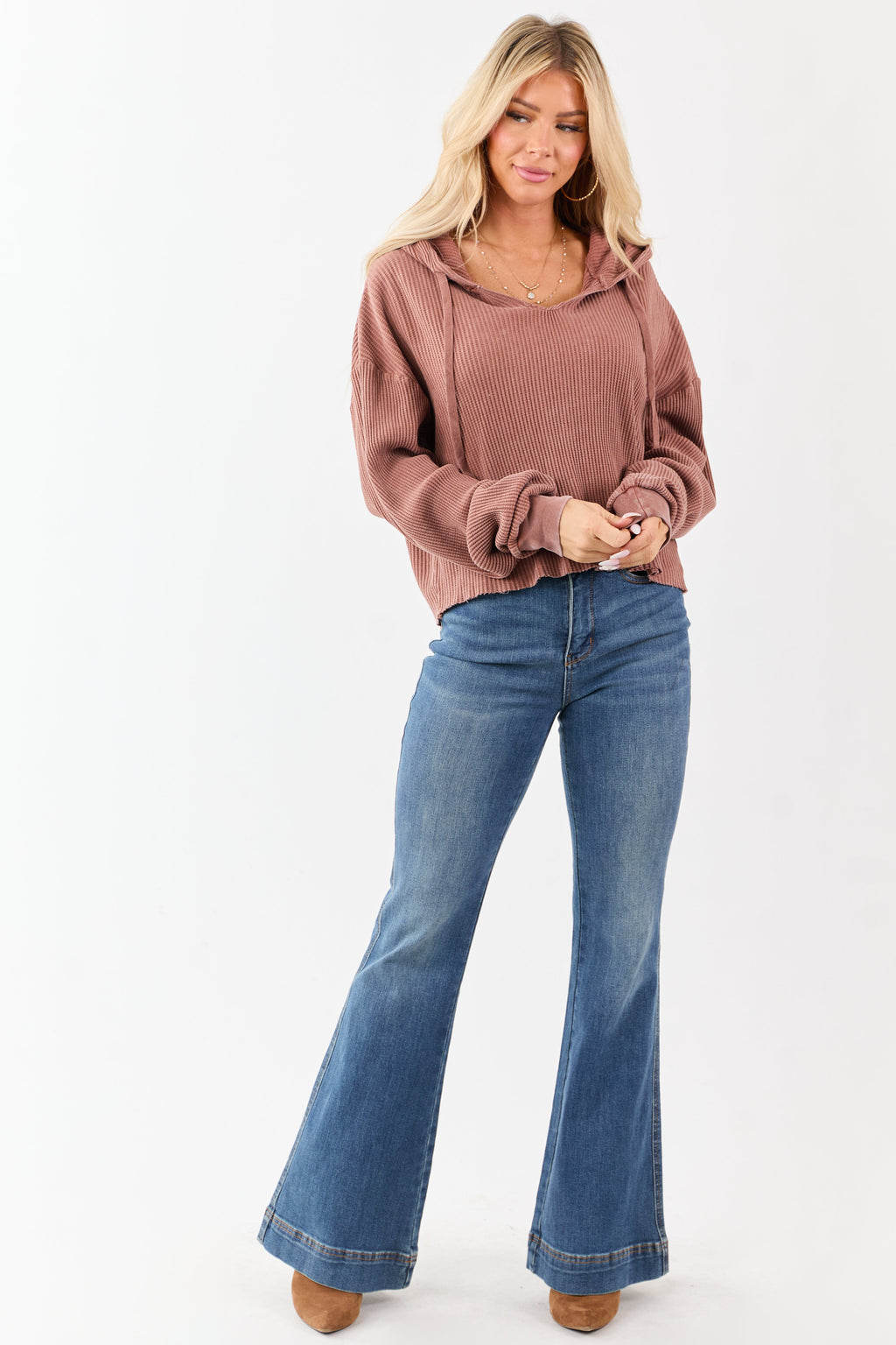 Light Sienna Cotton Waffle Knit Hooded Long Sleeve Top