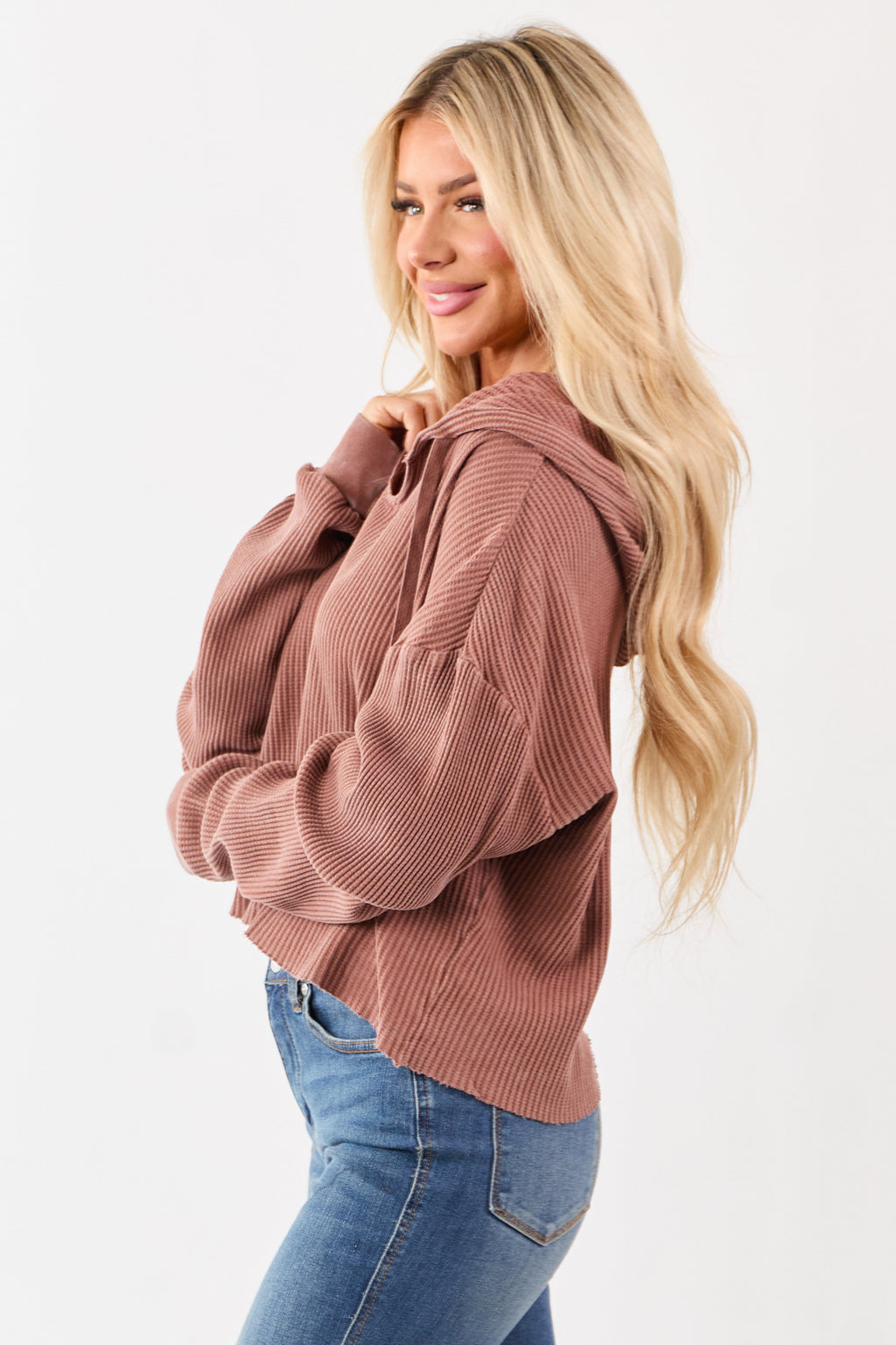 Light Sienna Cotton Waffle Knit Hooded Long Sleeve Top