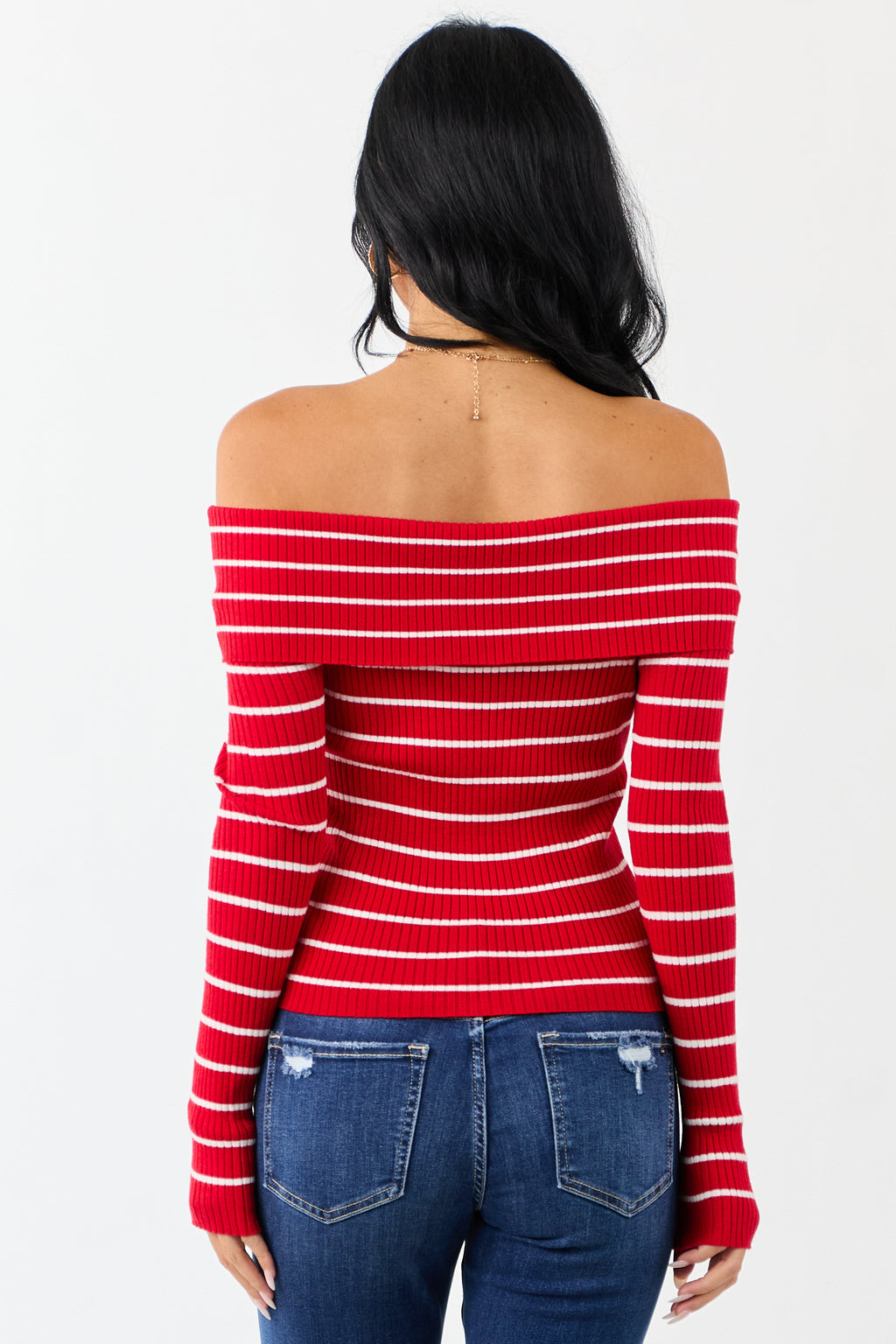 Lipstick Striped Off the Shoulder Fitted Knit Top