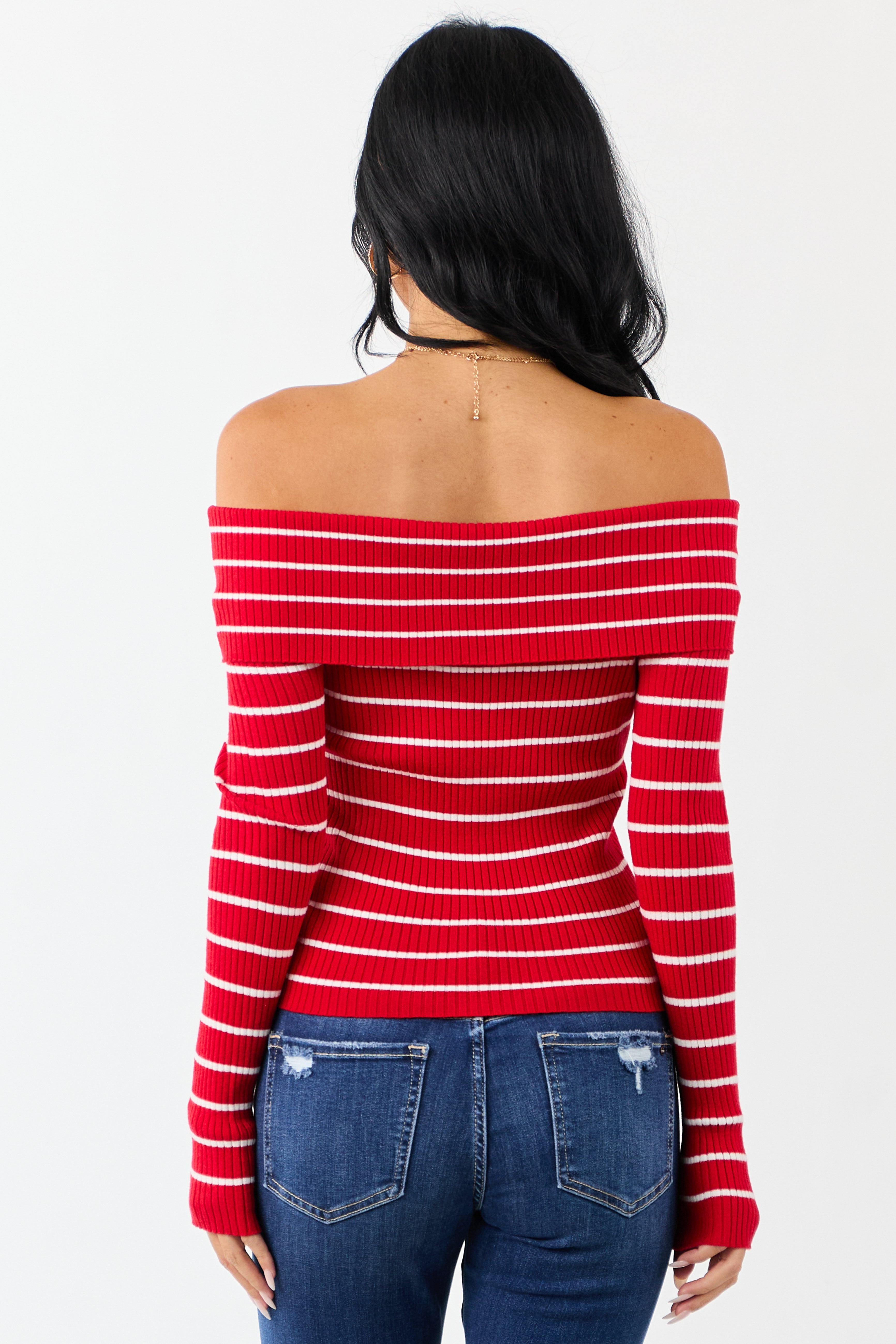 Lipstick Striped Off the Shoulder Fitted Knit Top