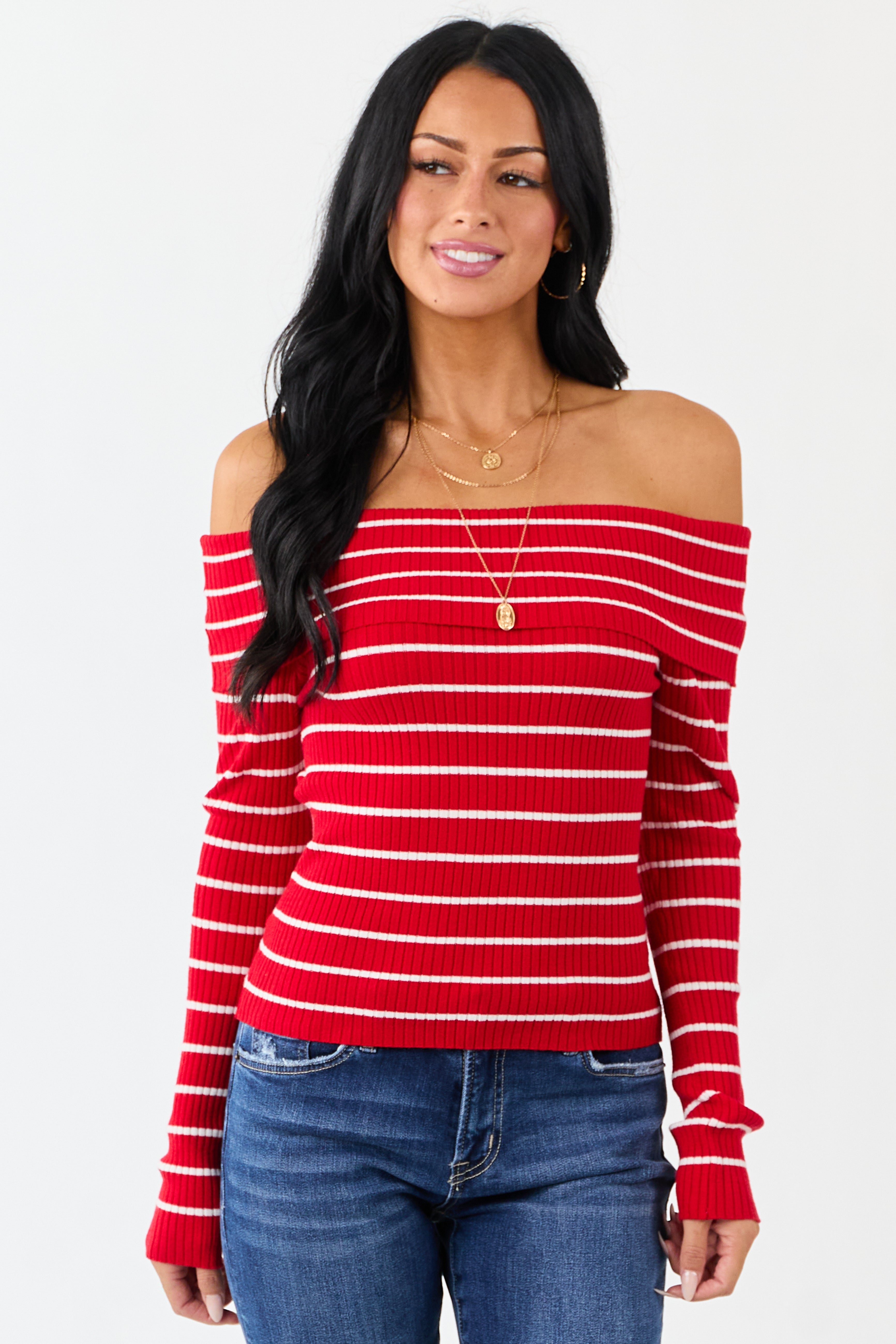 Lipstick Striped Off the Shoulder Fitted Knit Top