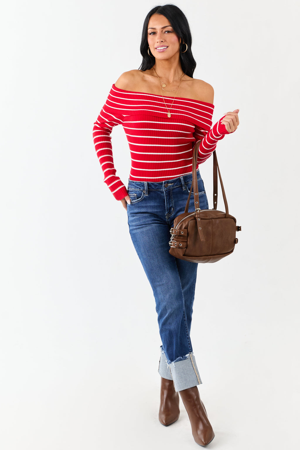 Lipstick Striped Off the Shoulder Fitted Knit Top