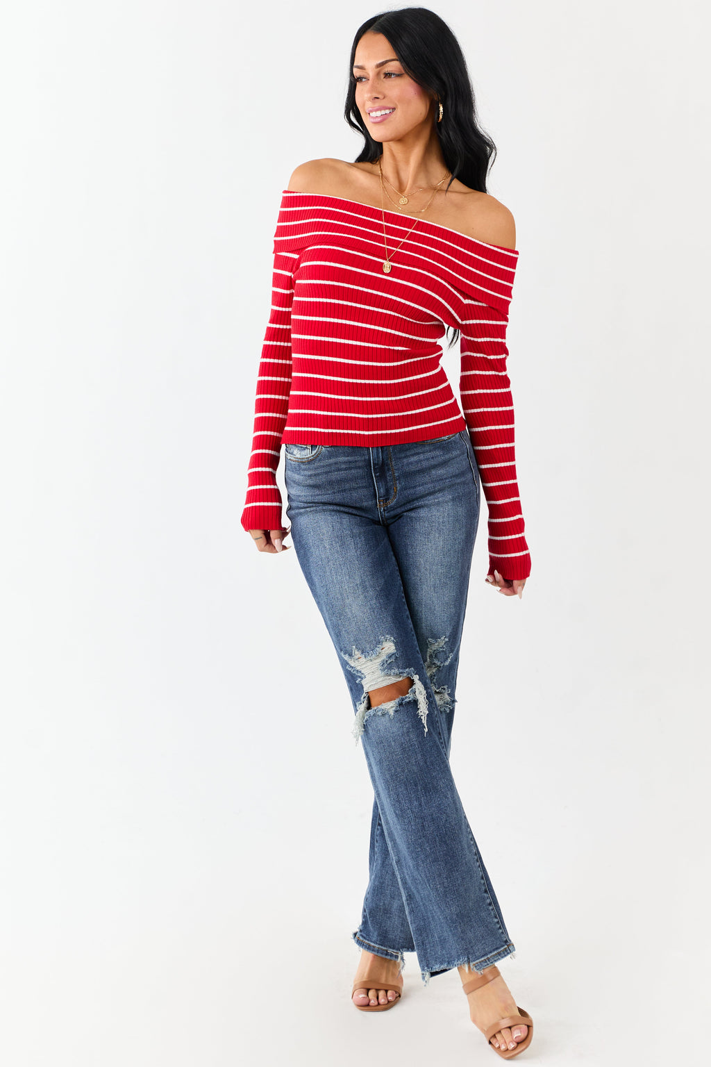 Lipstick Striped Off the Shoulder Fitted Knit Top
