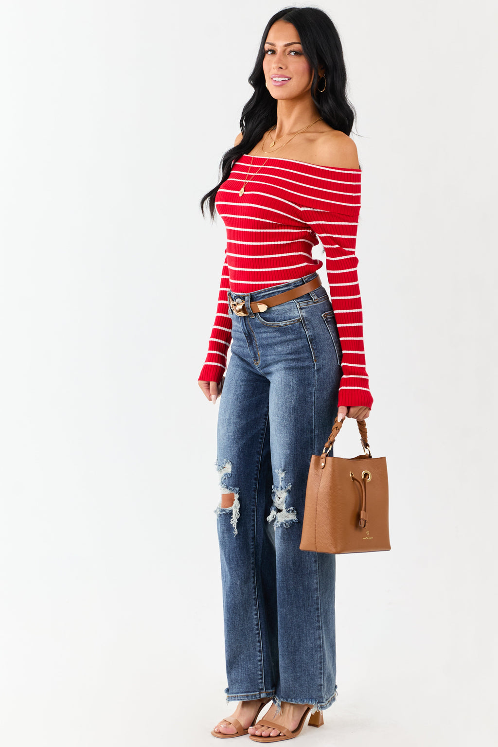 Lipstick Striped Off the Shoulder Fitted Knit Top