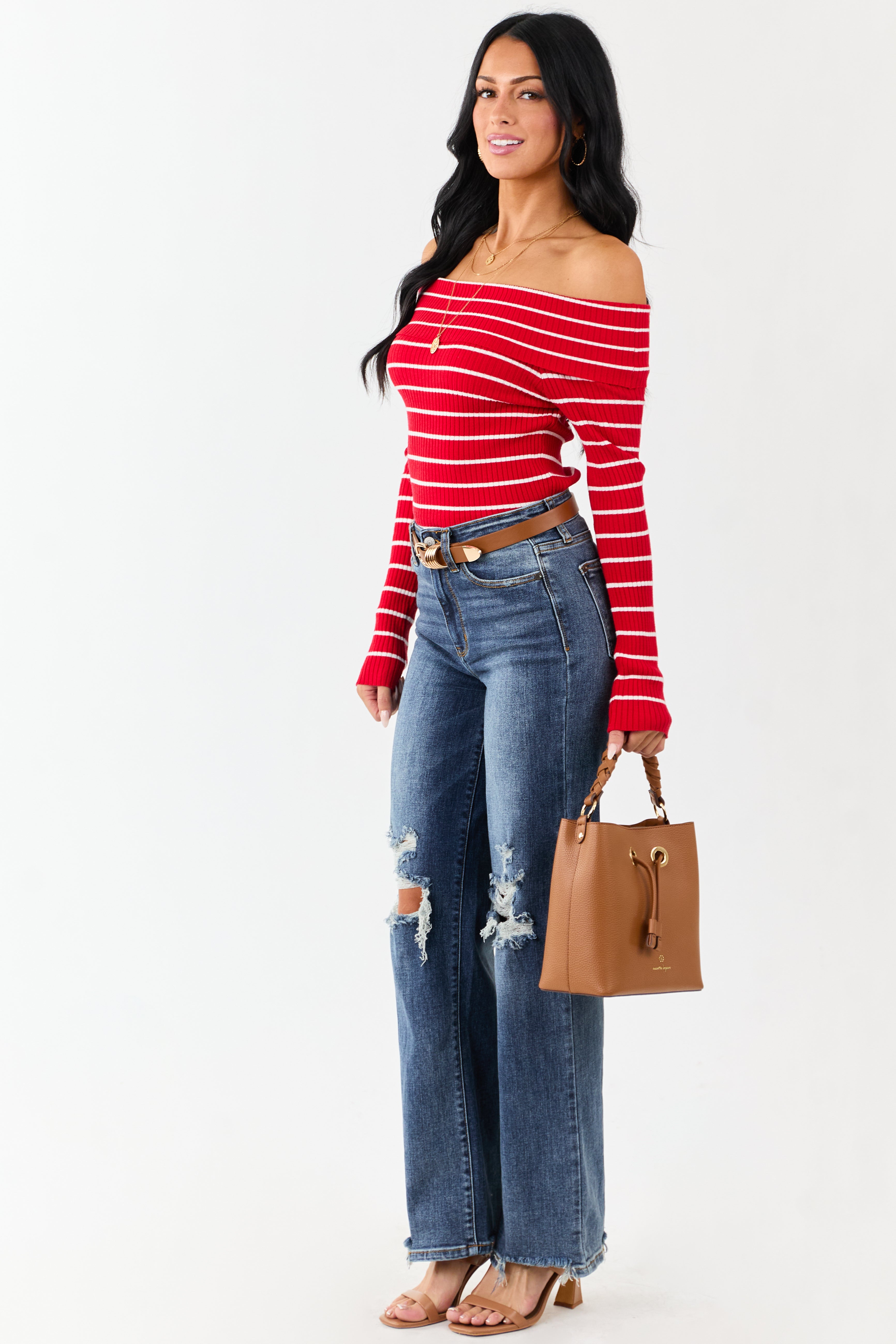 Lipstick Striped Off the Shoulder Fitted Knit Top