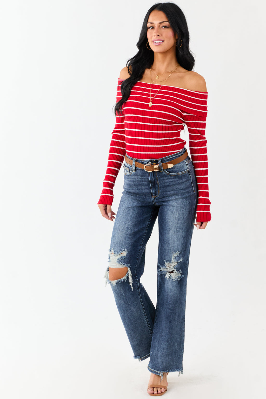 Lipstick Striped Off the Shoulder Fitted Knit Top