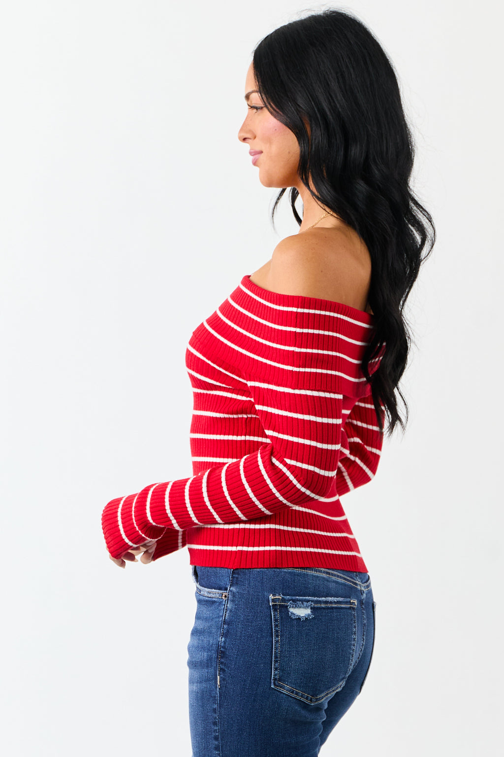 Lipstick Striped Off the Shoulder Fitted Knit Top