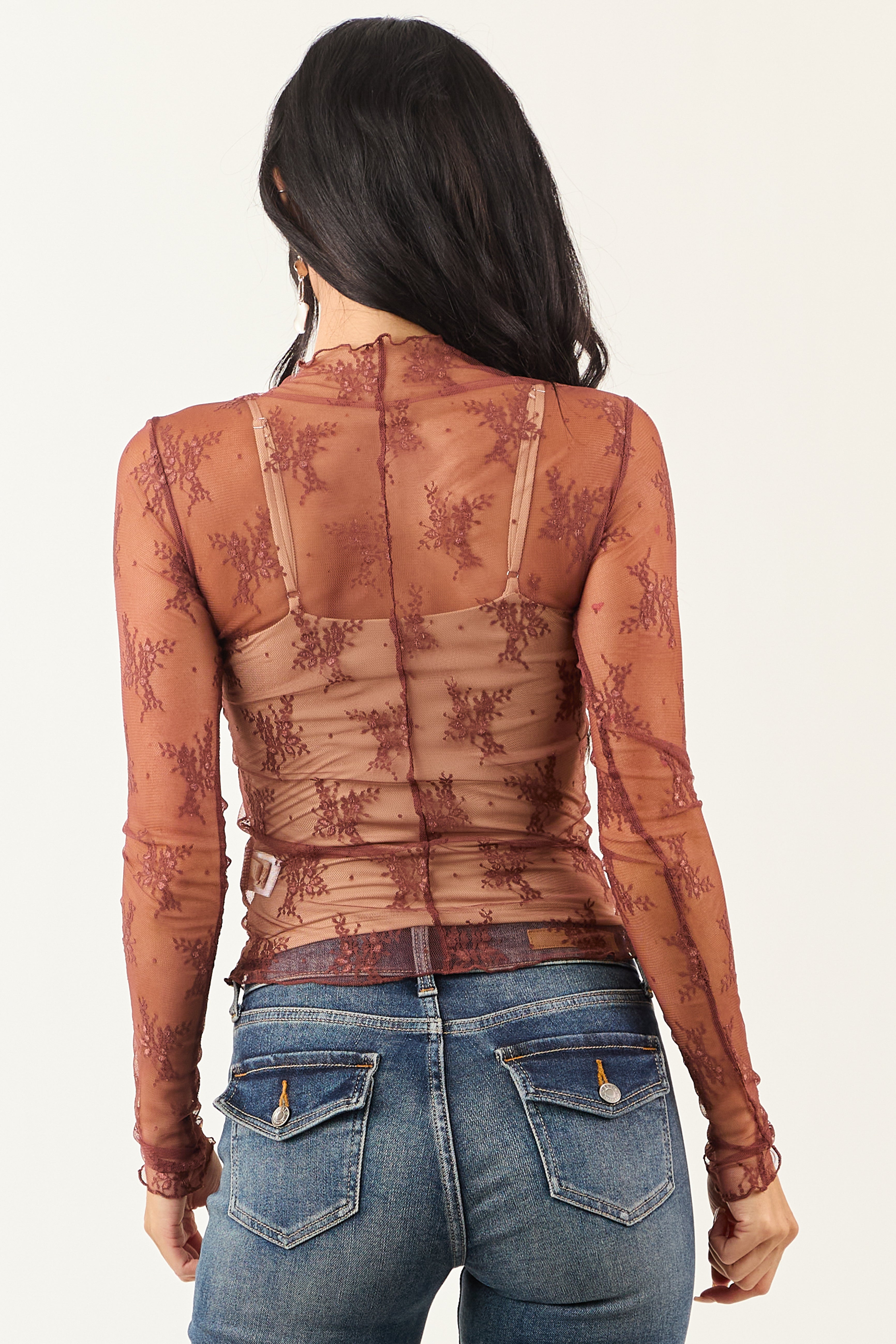 Listicle Marsala Floral Mesh Lace Long Sleeve Top