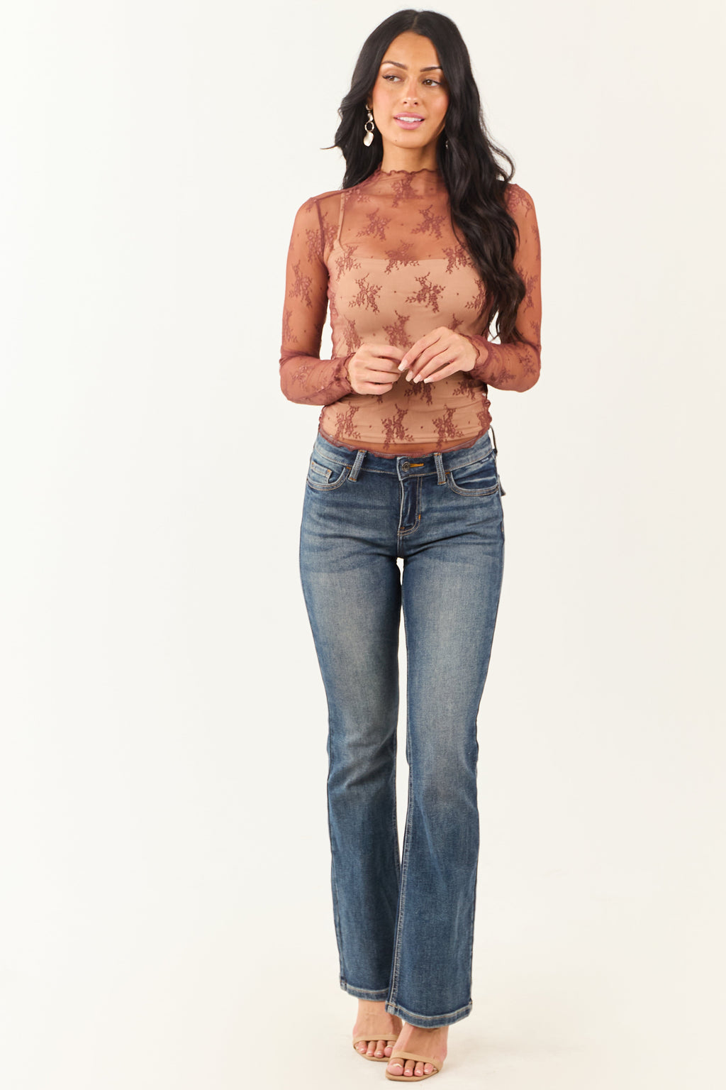 Listicle Marsala Floral Mesh Lace Long Sleeve Top