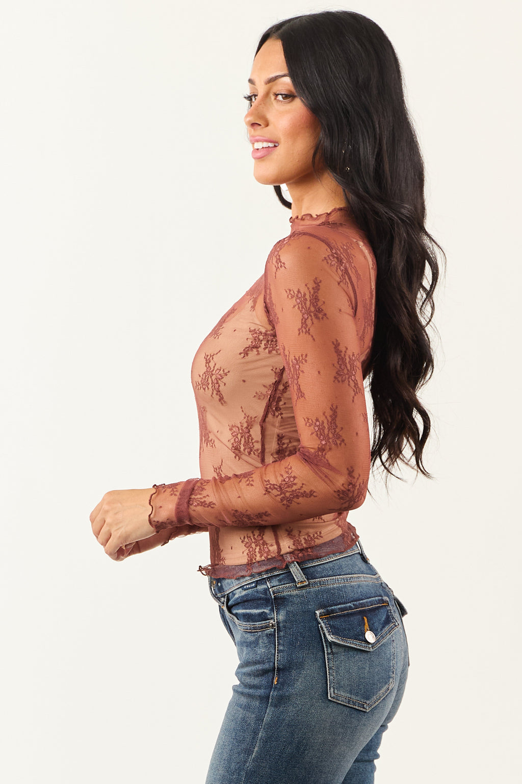 Listicle Marsala Floral Mesh Lace Long Sleeve Top