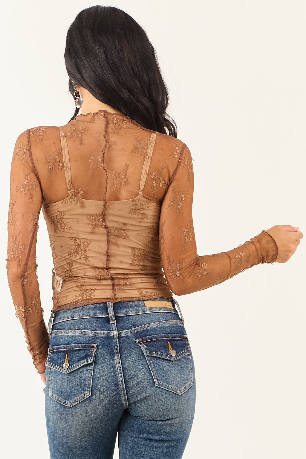 Listicle Sepia Floral Mesh Lace Long Sleeve Top