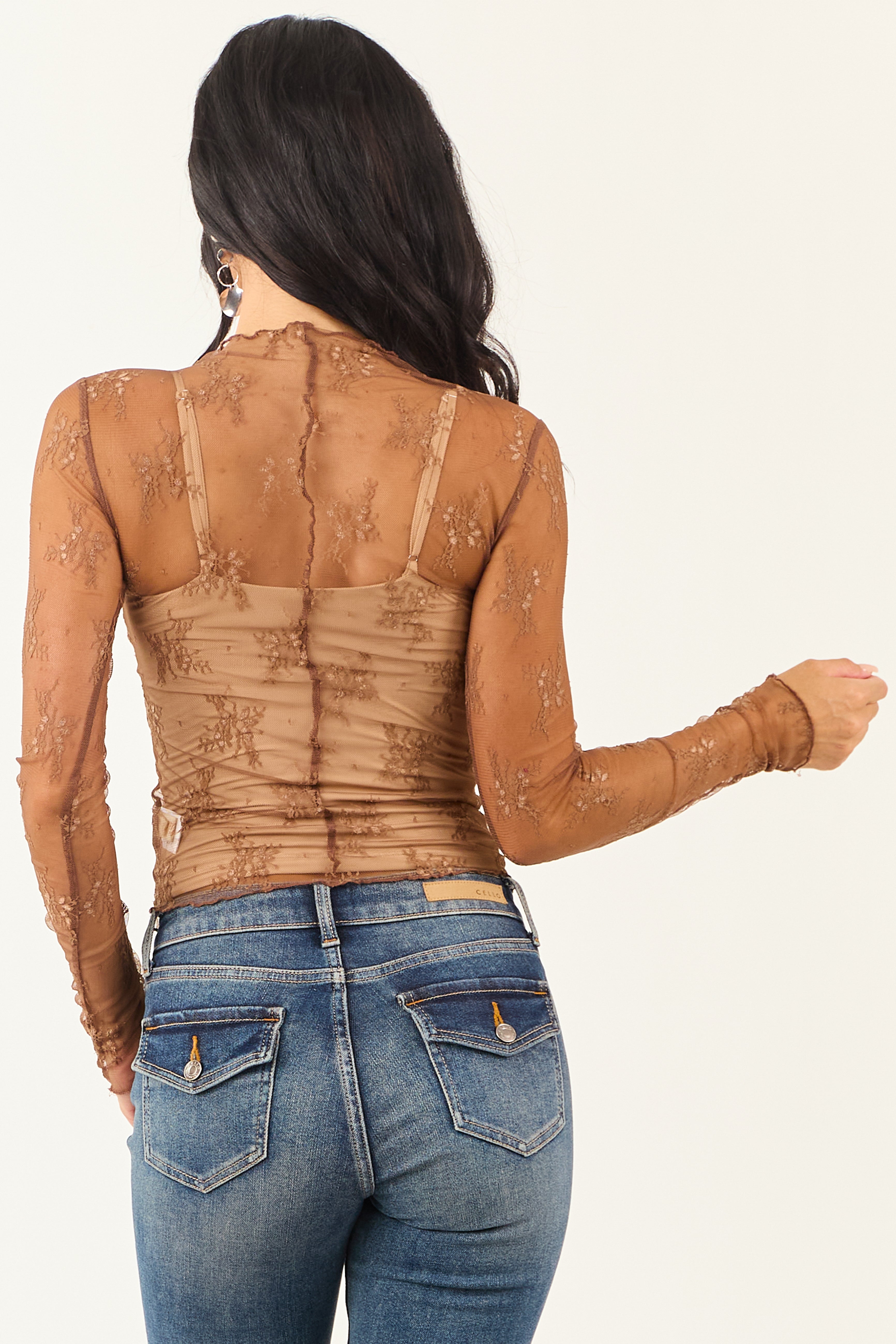 Listicle Sepia Floral Mesh Lace Long Sleeve Top