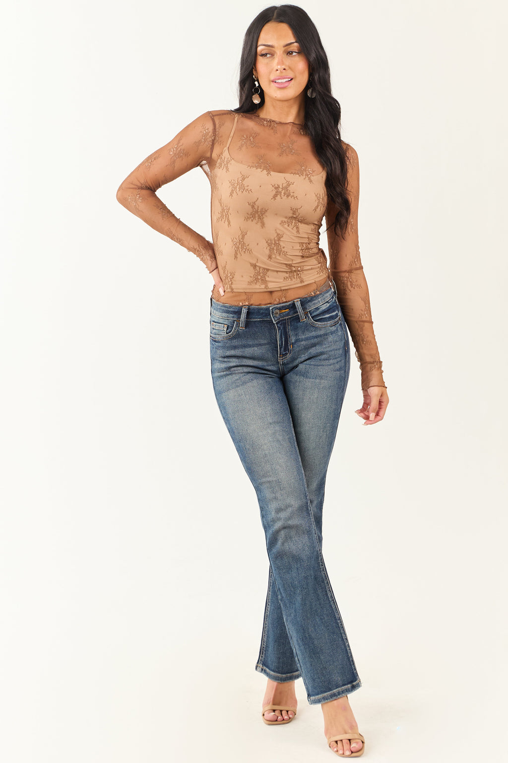 Listicle Sepia Floral Mesh Lace Long Sleeve Top