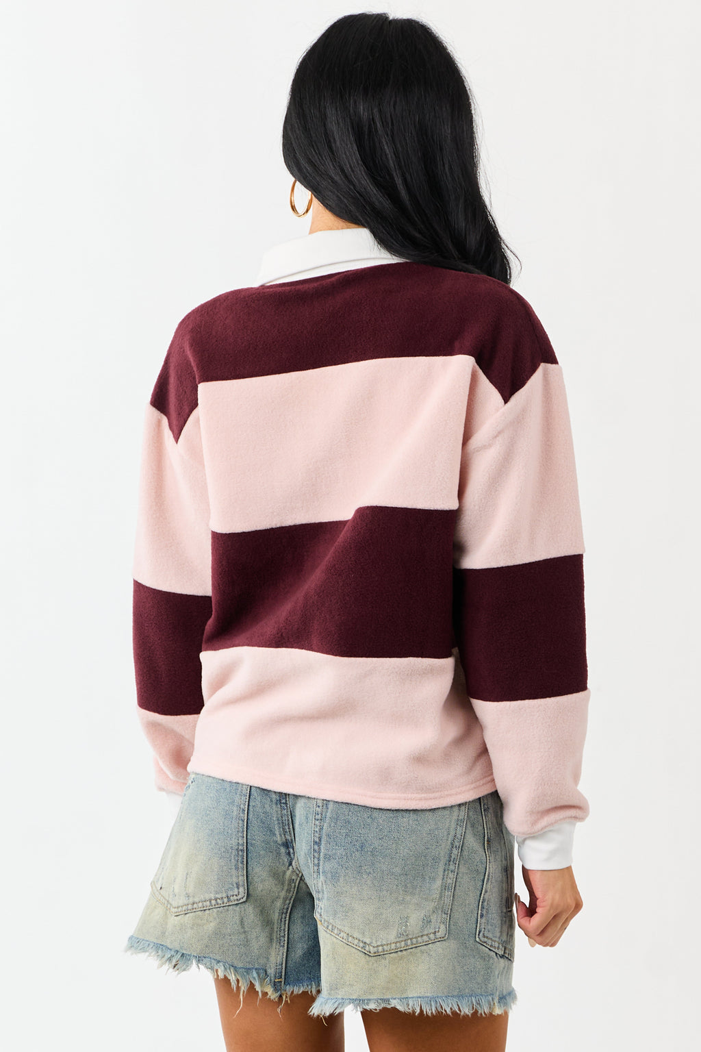 Mahogany Rugby Stripe Fleece Long Sleeve Polo Top