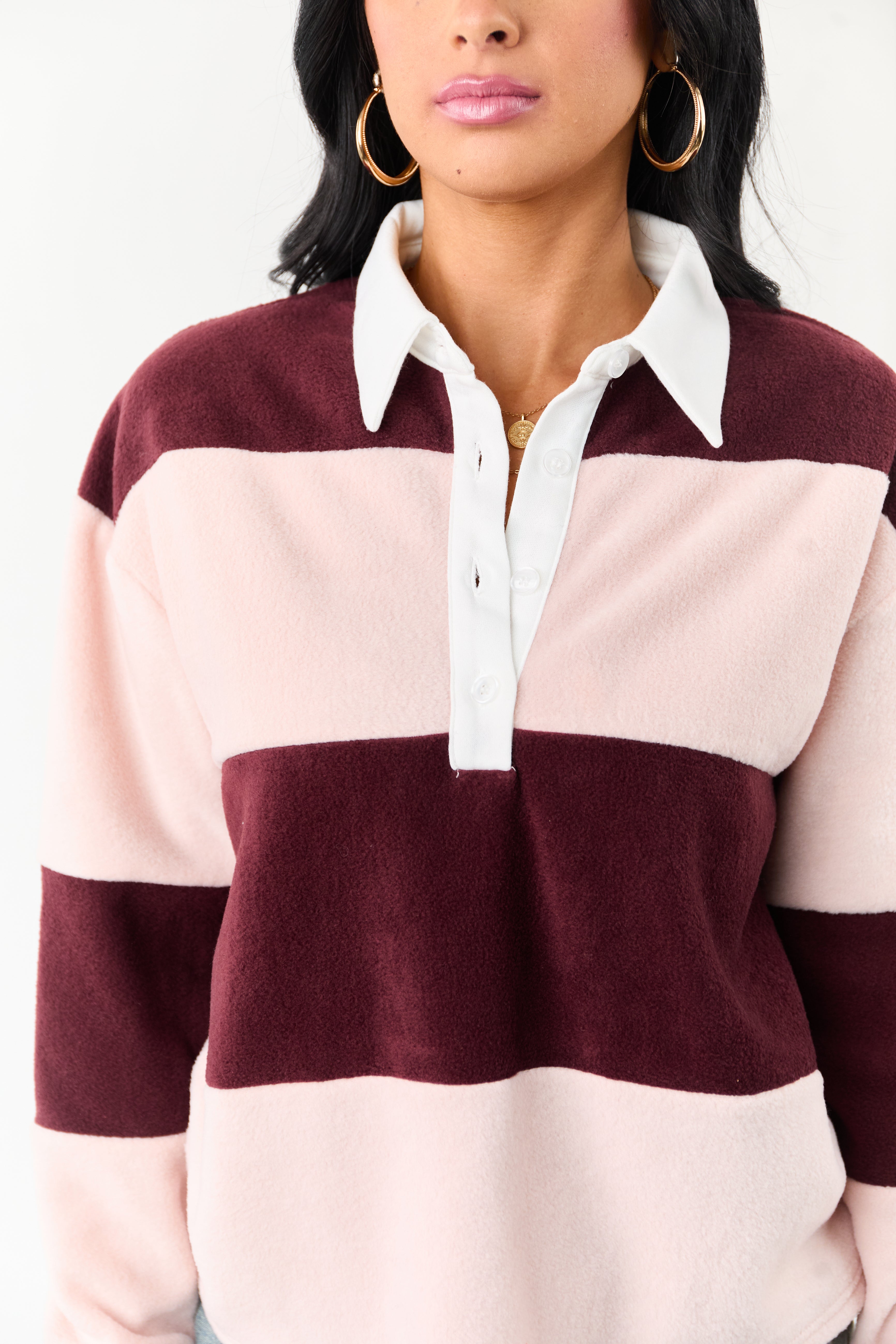 Mahogany Rugby Stripe Fleece Long Sleeve Polo Top