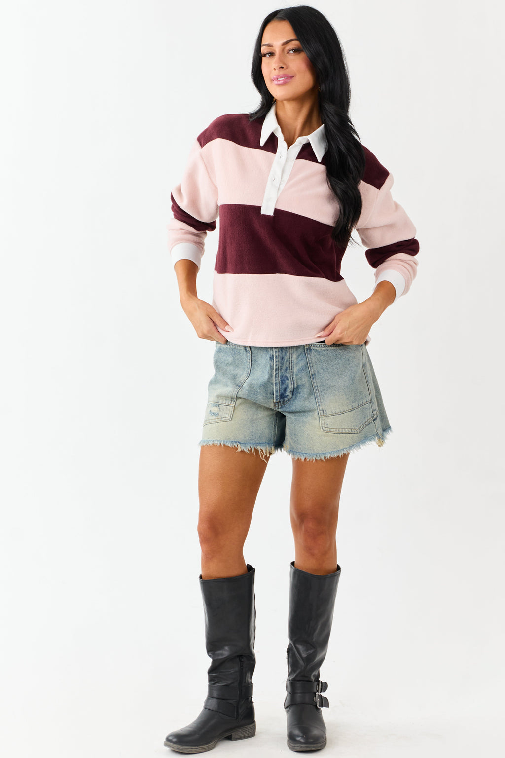 Mahogany Rugby Stripe Fleece Long Sleeve Polo Top