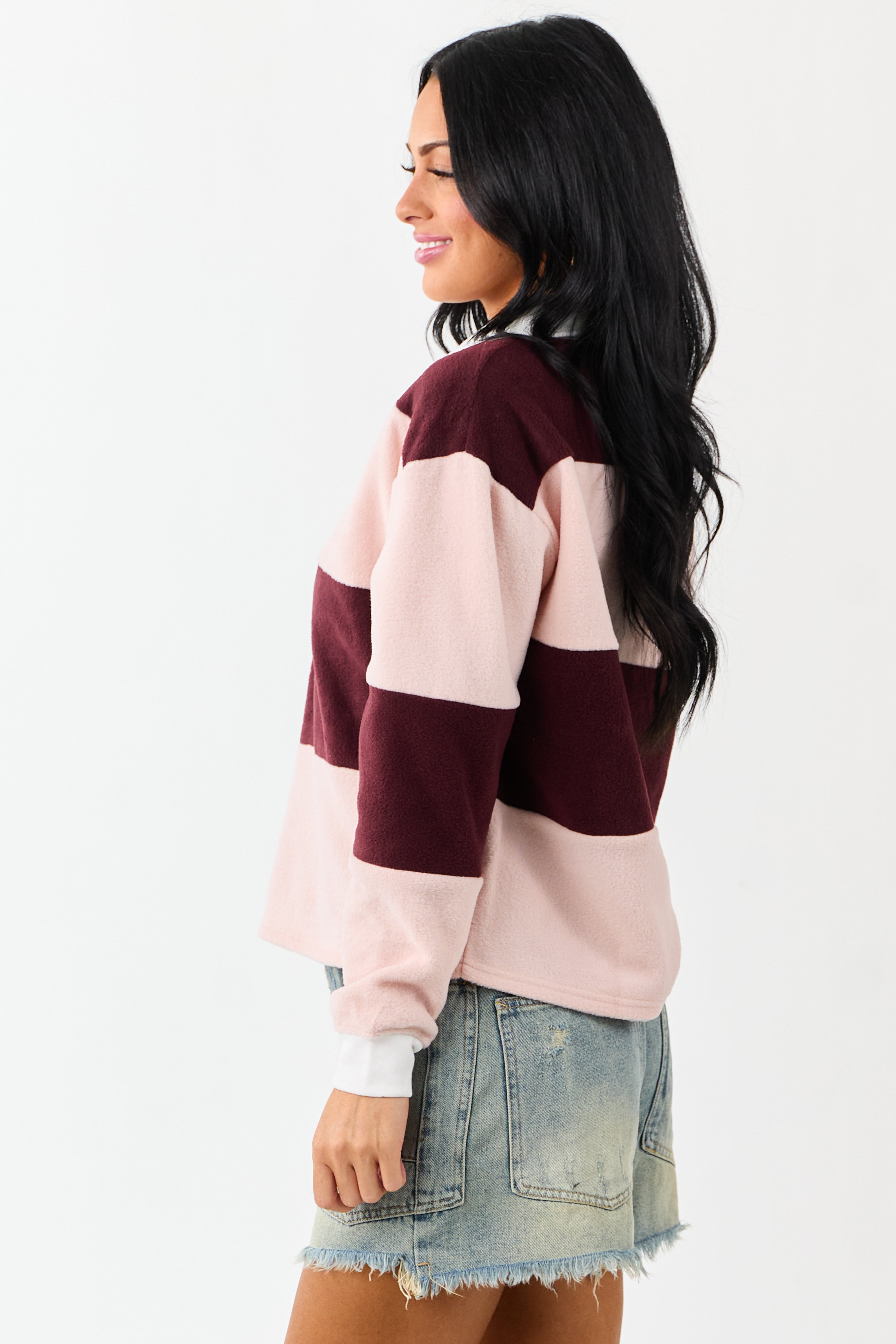 Mahogany Rugby Stripe Fleece Long Sleeve Polo Top