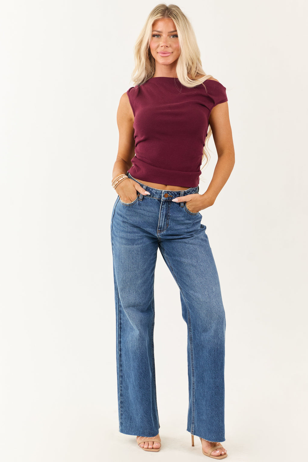 Maroon Asymmetrical Off the Shoulder Neckline Top