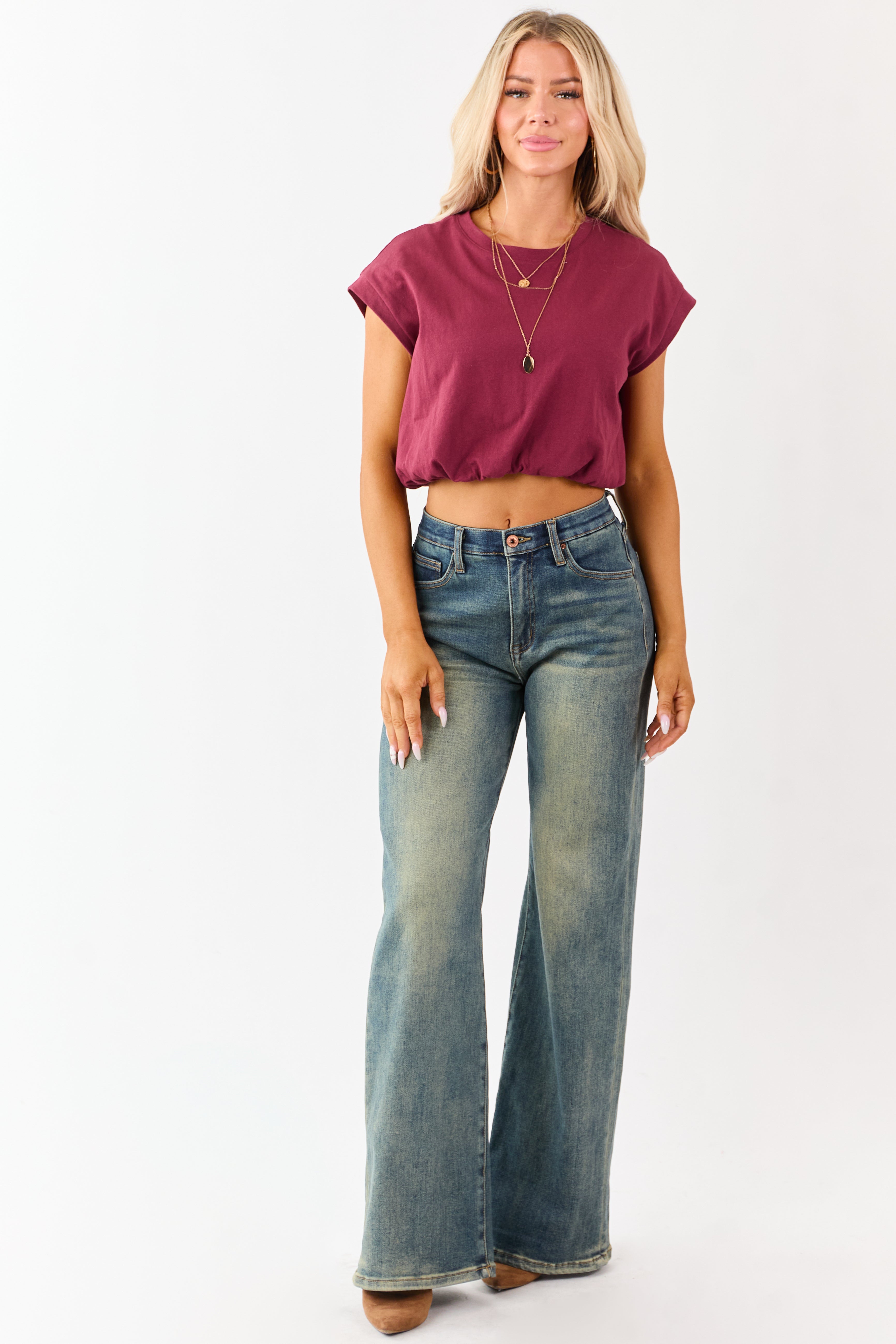Maroon Cotton Bubble Hem Short Sleeve Cropped Top