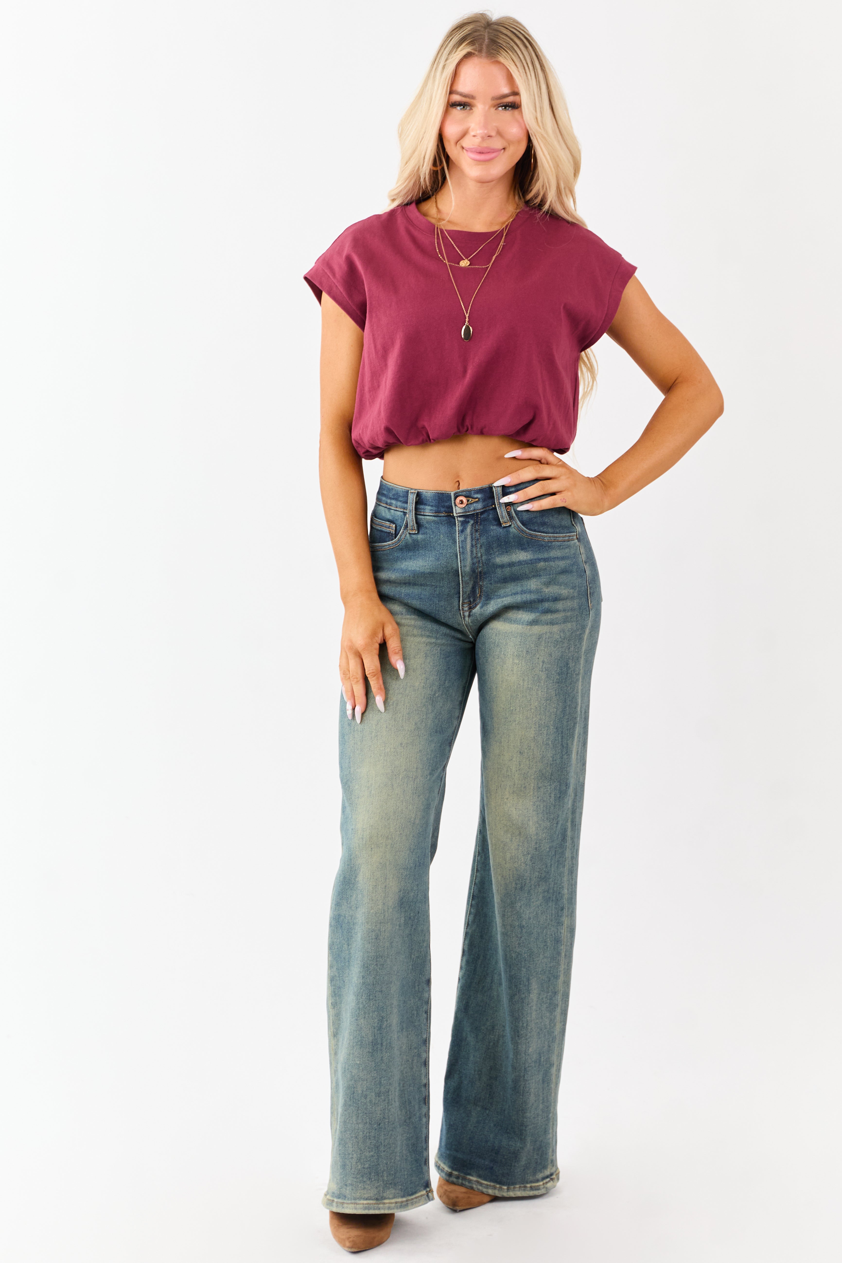 Maroon Cotton Bubble Hem Short Sleeve Cropped Top
