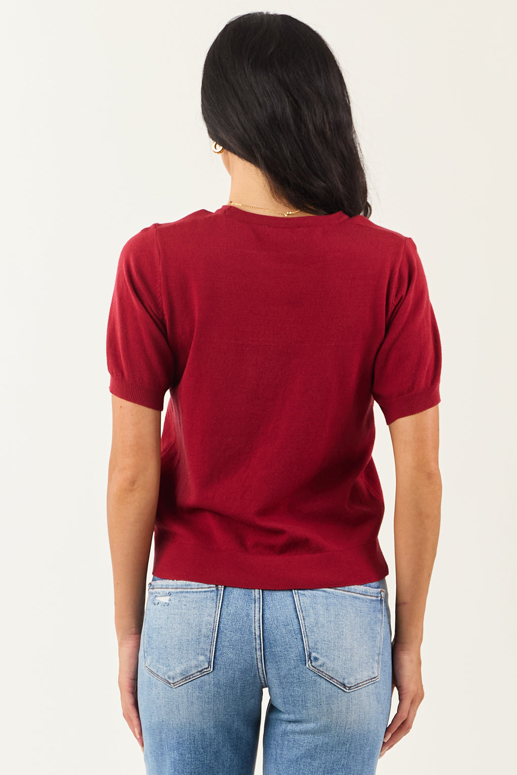Maroon Short Puff Sleeve Soft Knit Top