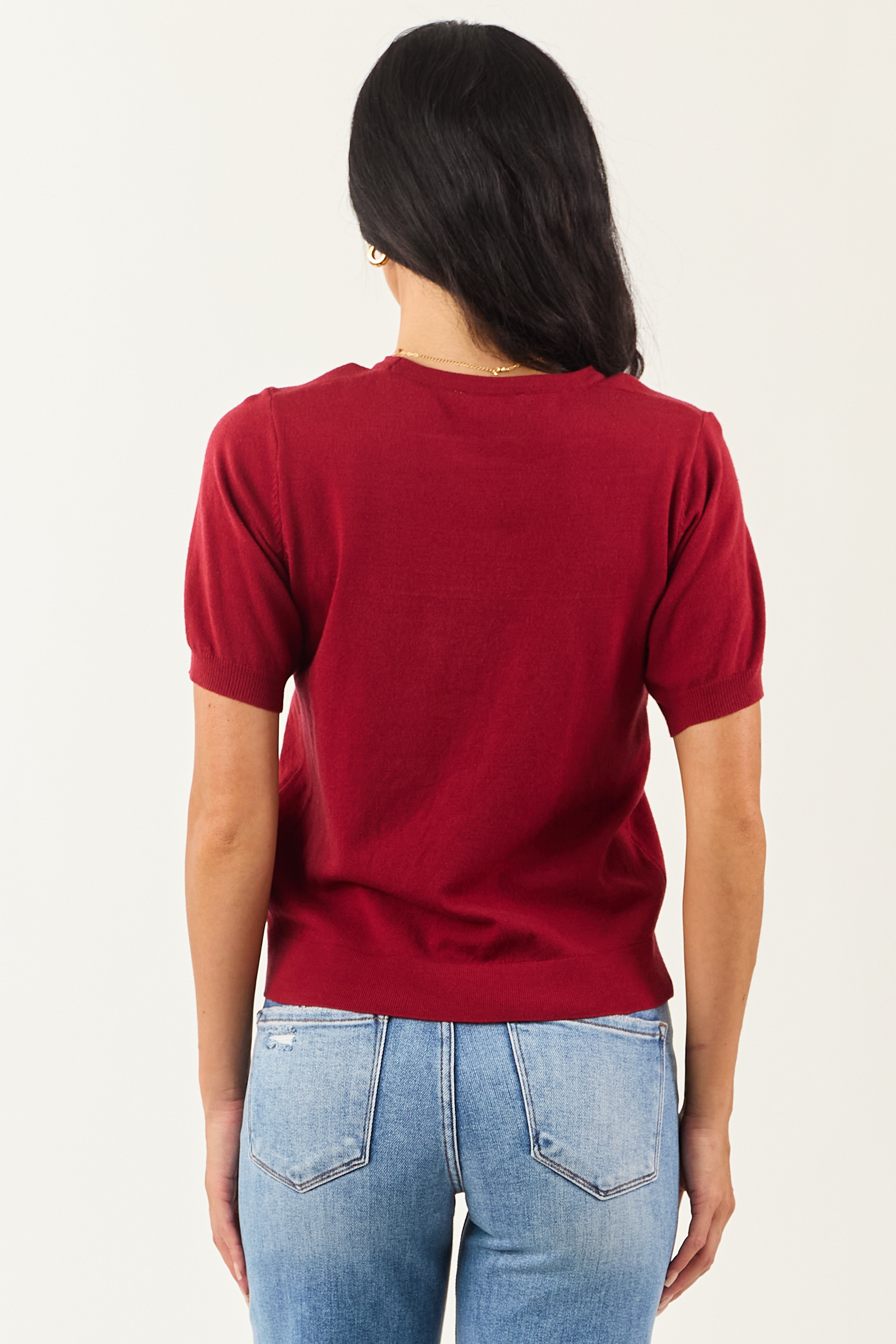 Maroon Short Puff Sleeve Soft Knit Top