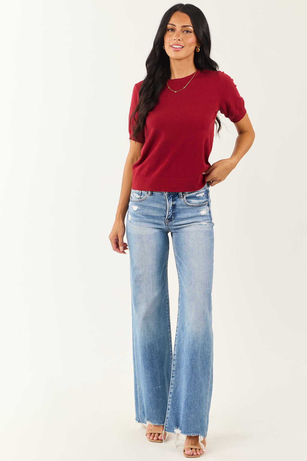 Maroon Short Puff Sleeve Soft Knit Top