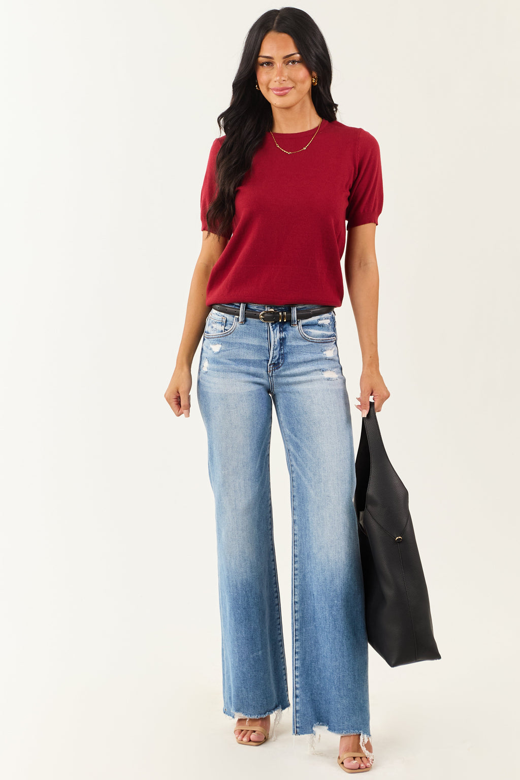 Maroon Short Puff Sleeve Soft Knit Top