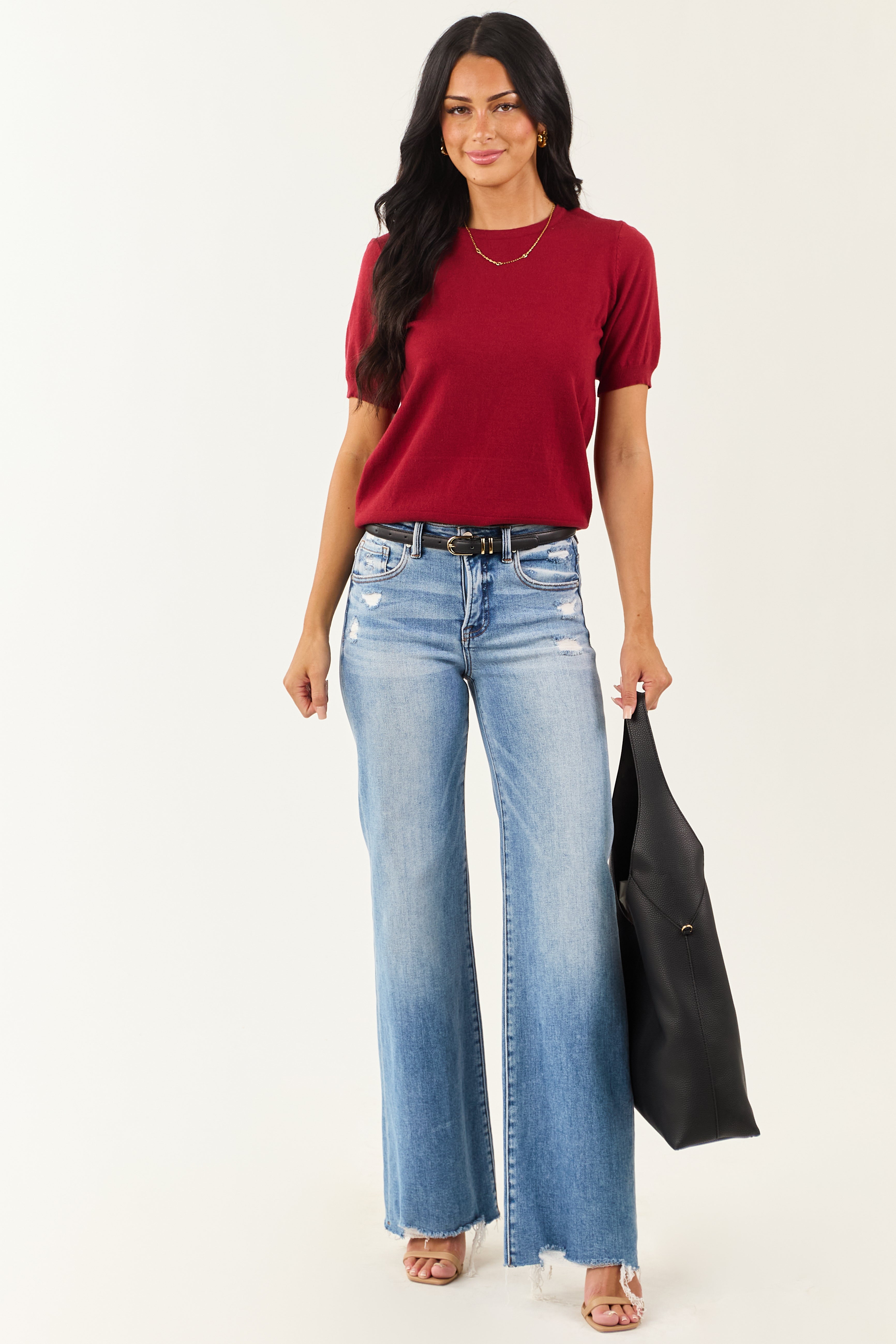 Maroon Short Puff Sleeve Soft Knit Top