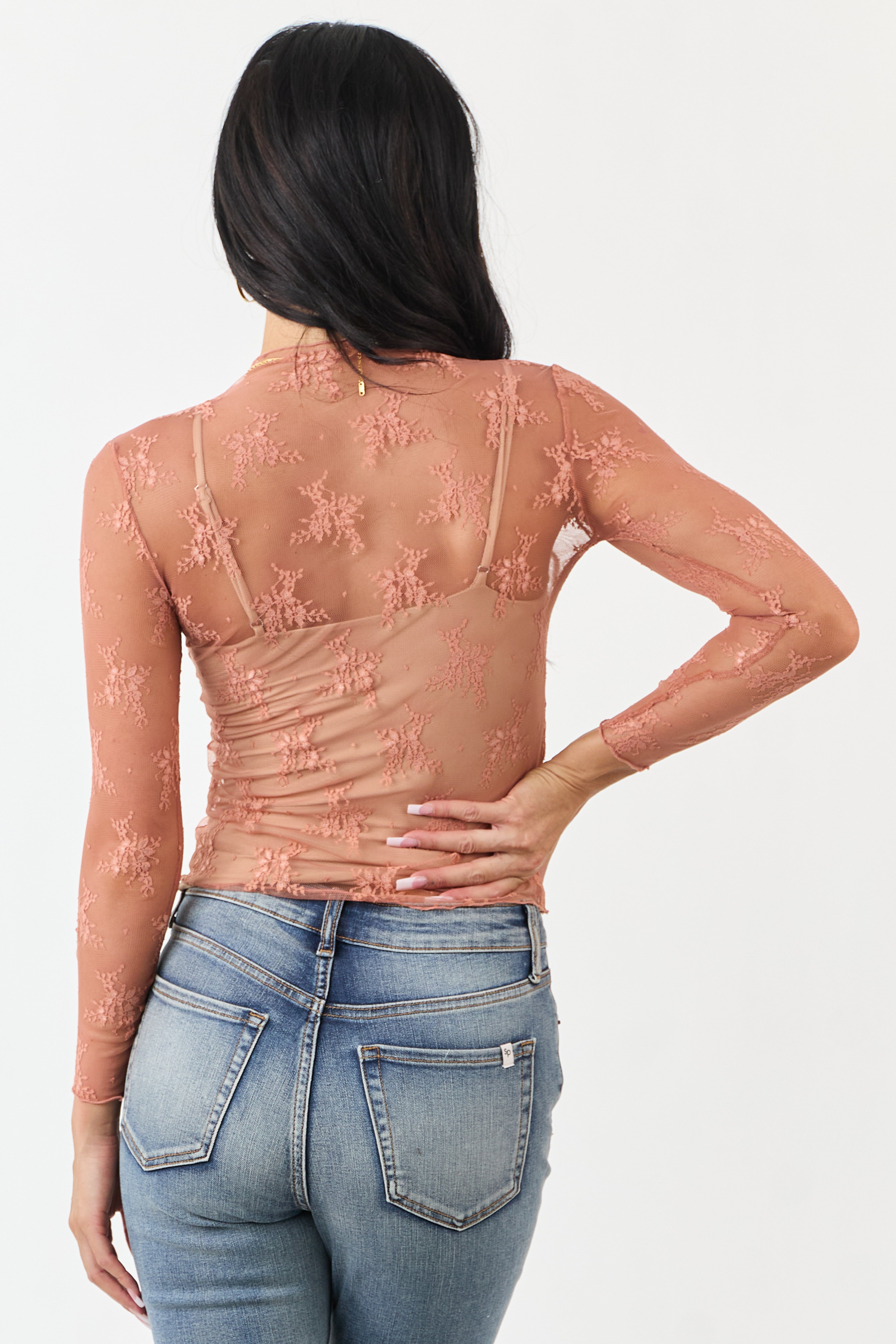 Melon Floral Mesh Lace Long Sleeve Top