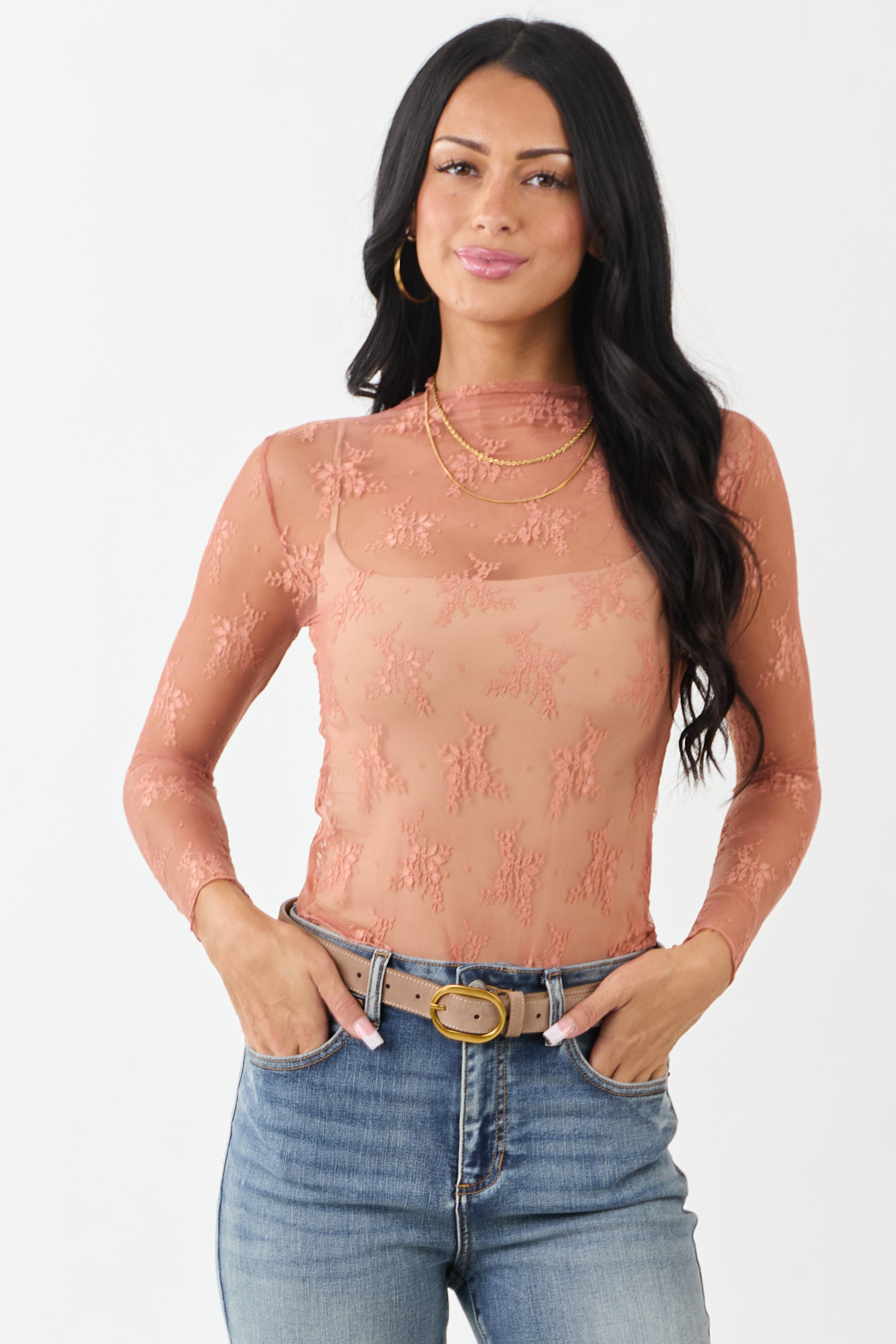 Melon Floral Mesh Lace Long Sleeve Top