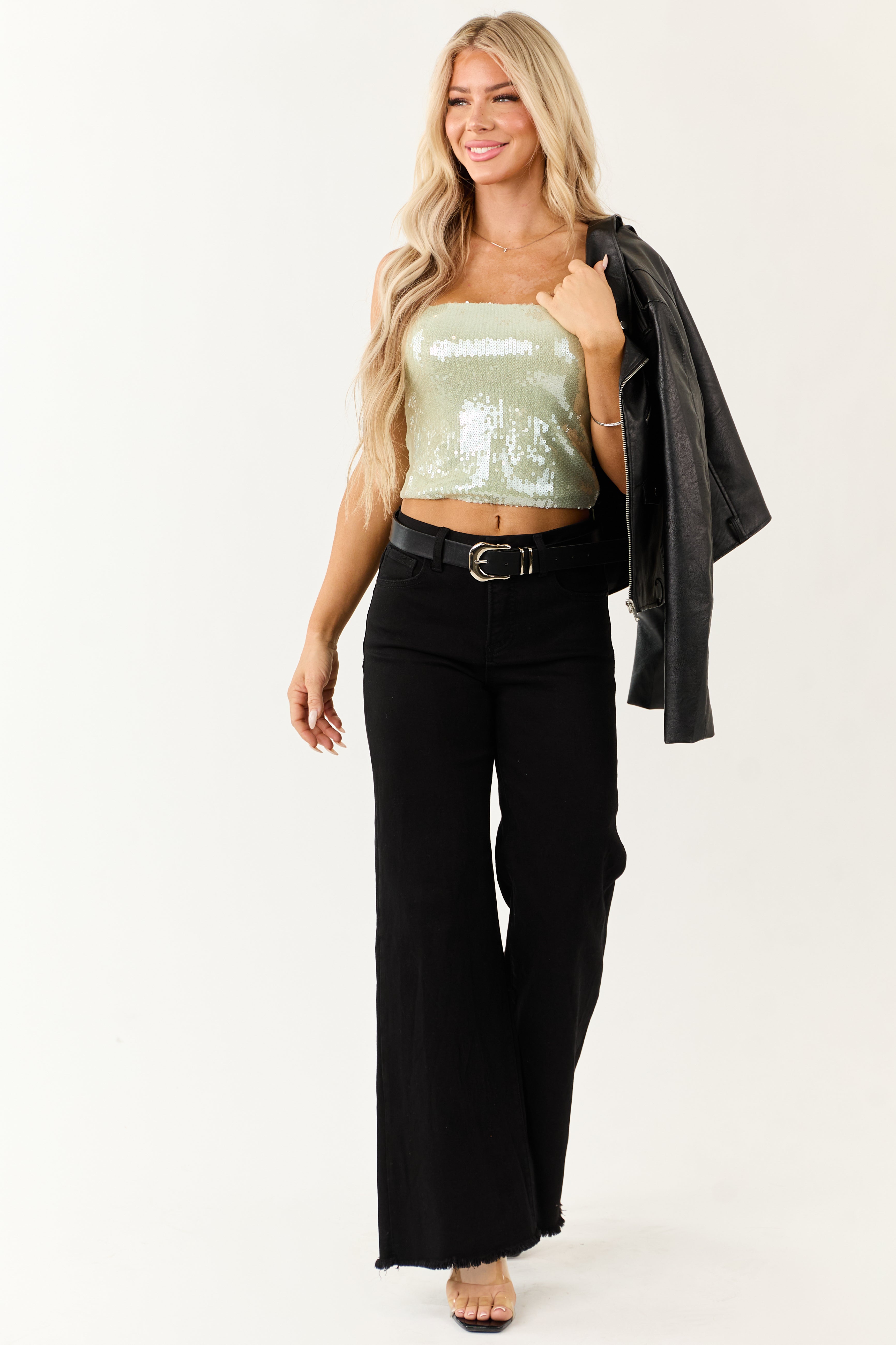 Mint Sequin Cropped Stretchy Bandeau Top