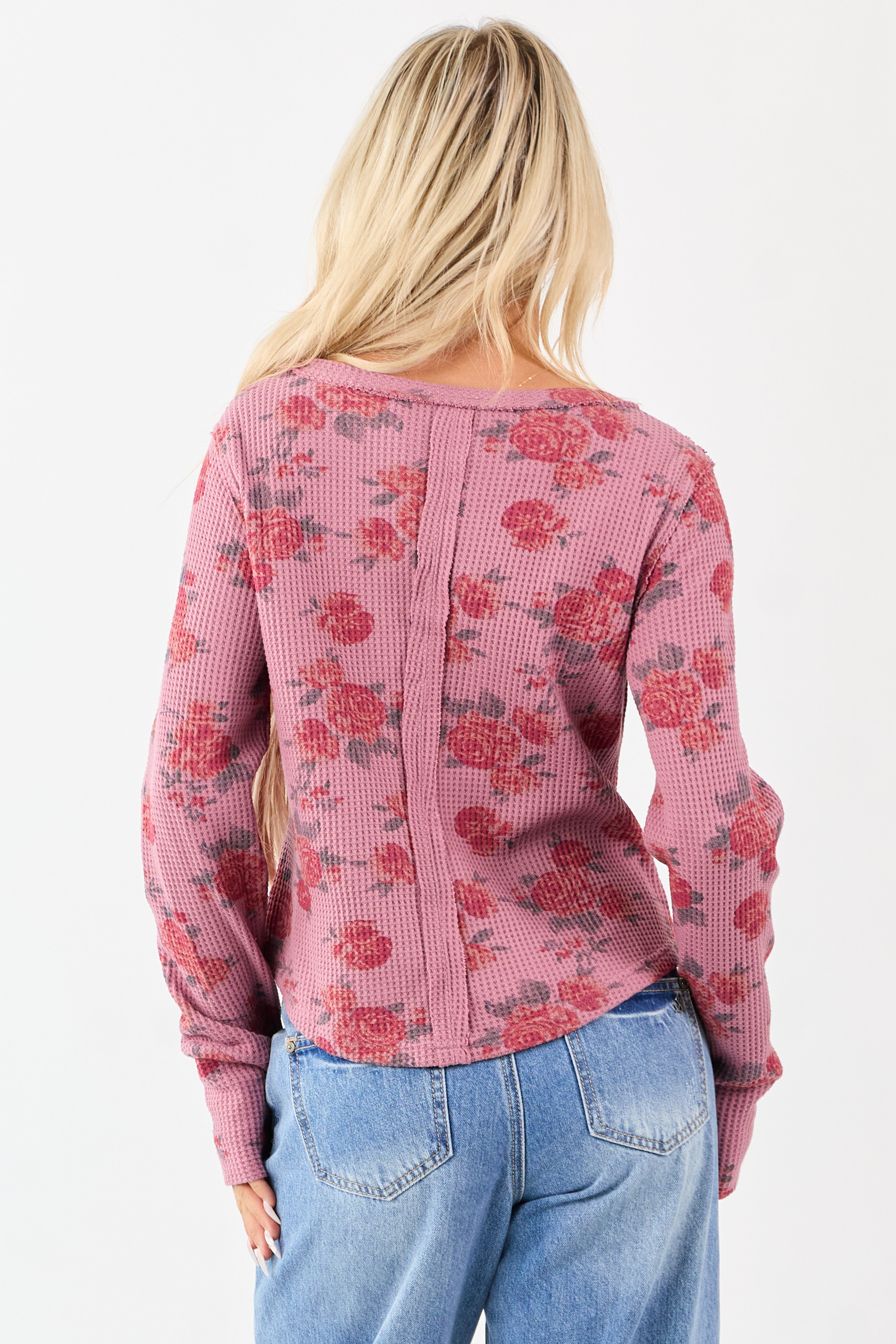 Mulberry Rose Print Waffle Knit Long Sleeve Top