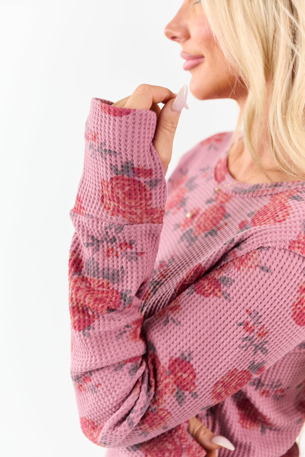 Mulberry Rose Print Waffle Knit Long Sleeve Top
