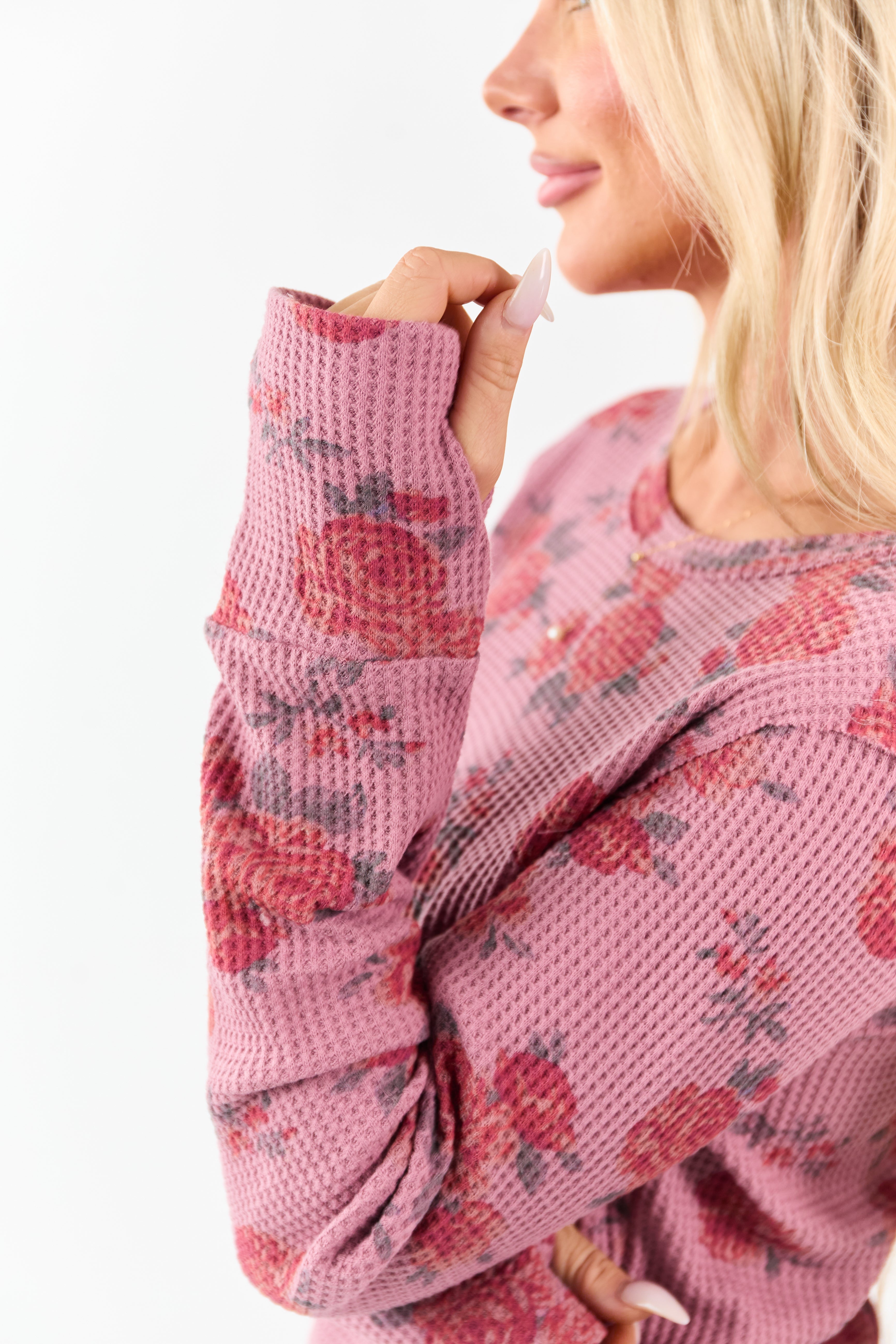 Mulberry Rose Print Waffle Knit Long Sleeve Top