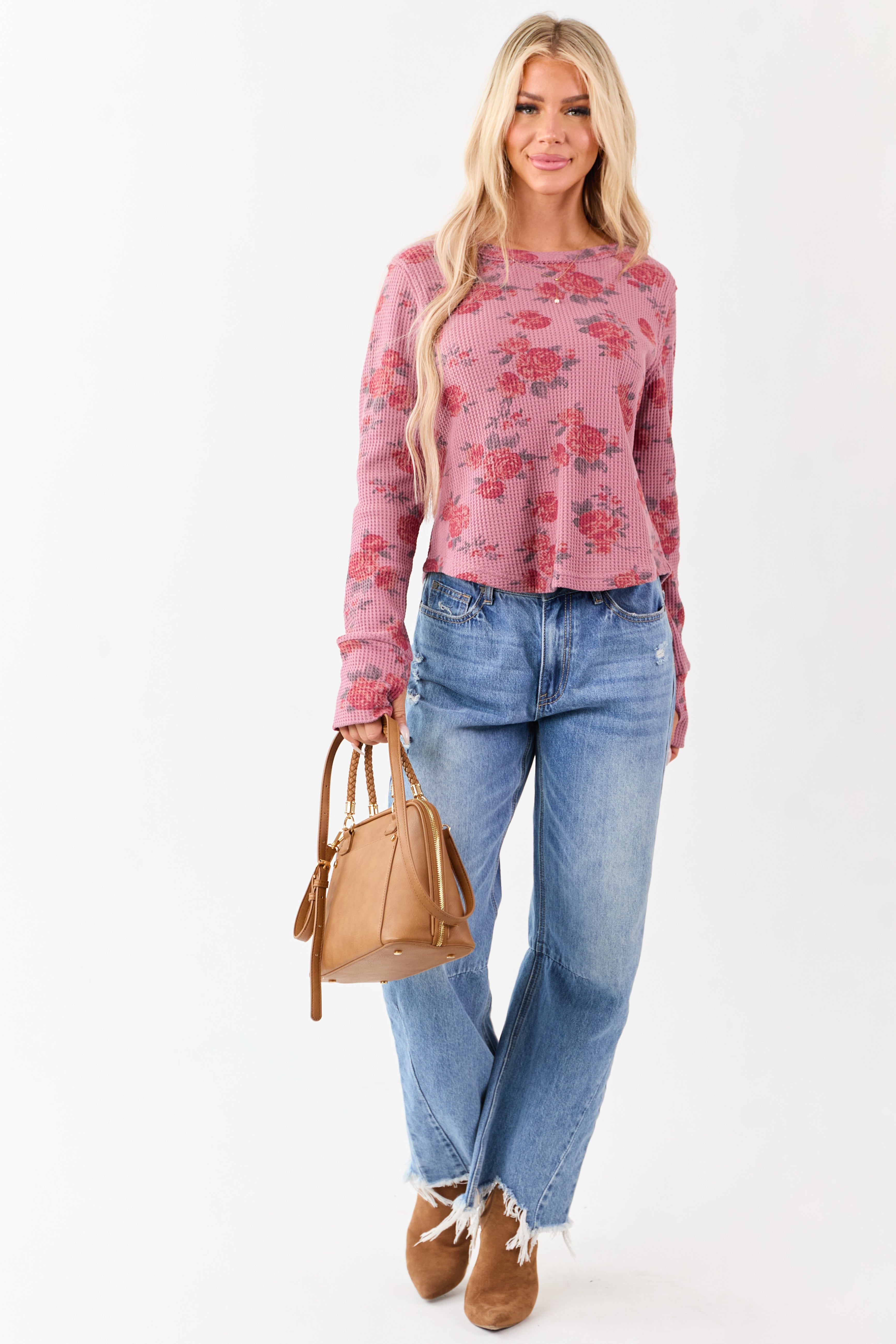 Mulberry Rose Print Waffle Knit Long Sleeve Top