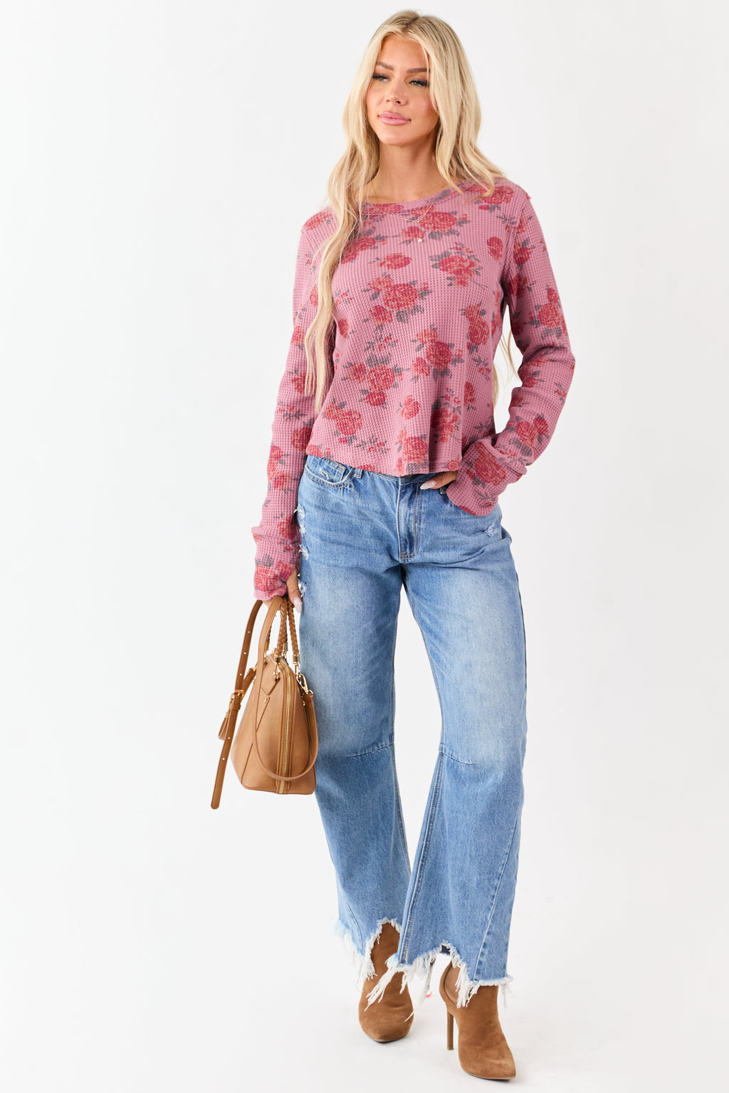 Mulberry Rose Print Waffle Knit Long Sleeve Top