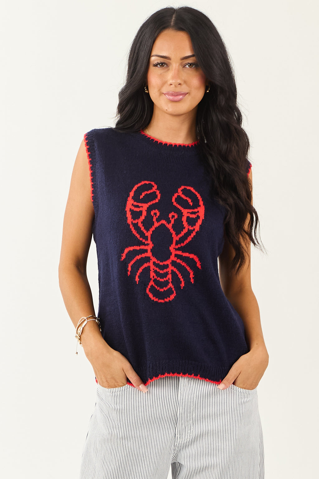 Navy Lobster Graphic Round Neck Knit Tank Top