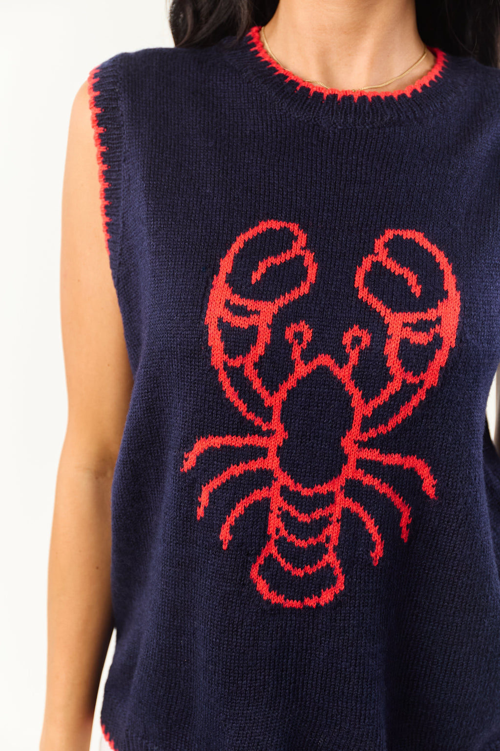 Navy Lobster Graphic Round Neck Knit Tank Top