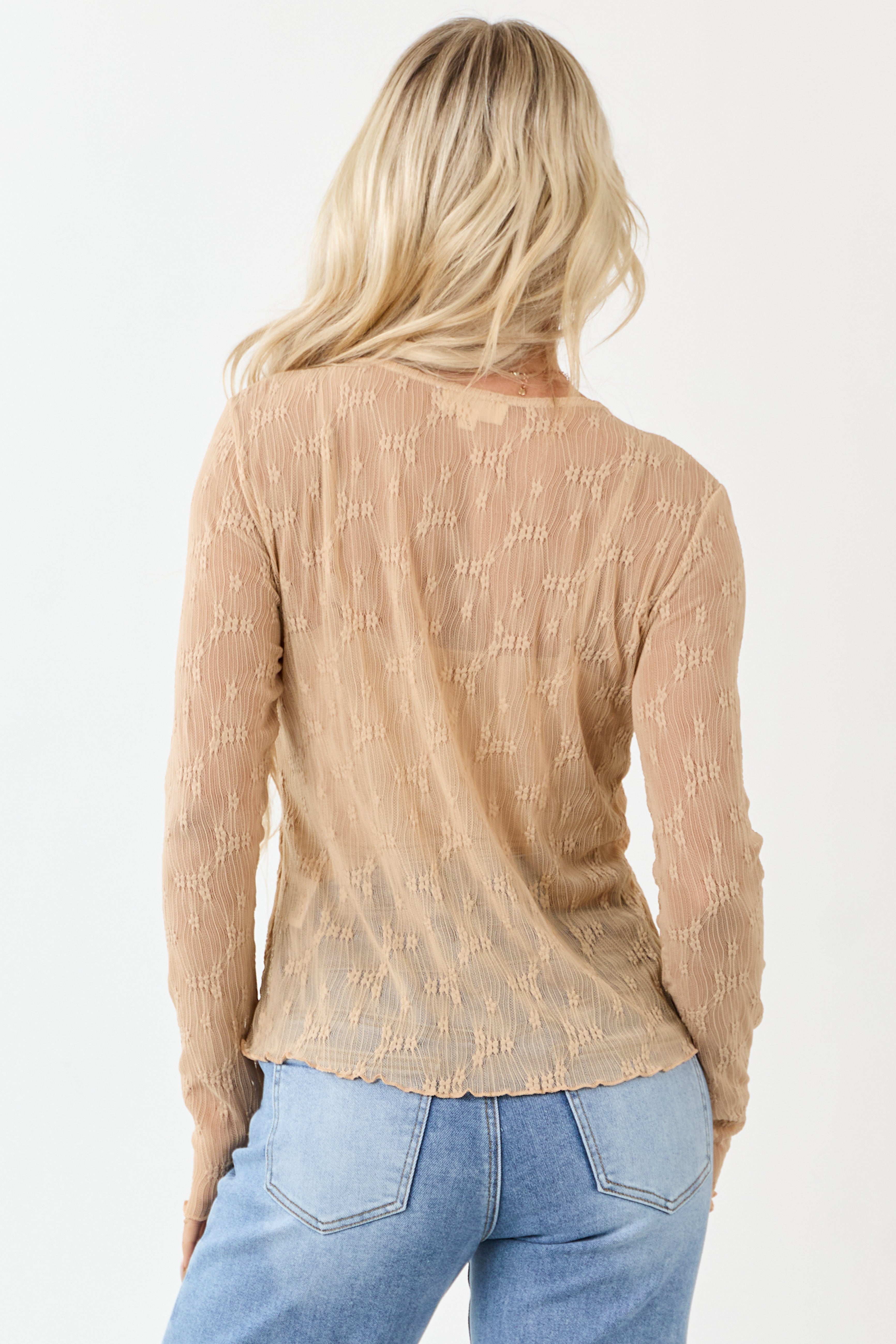 Nude Lace Round Neck Long Sleeve Top