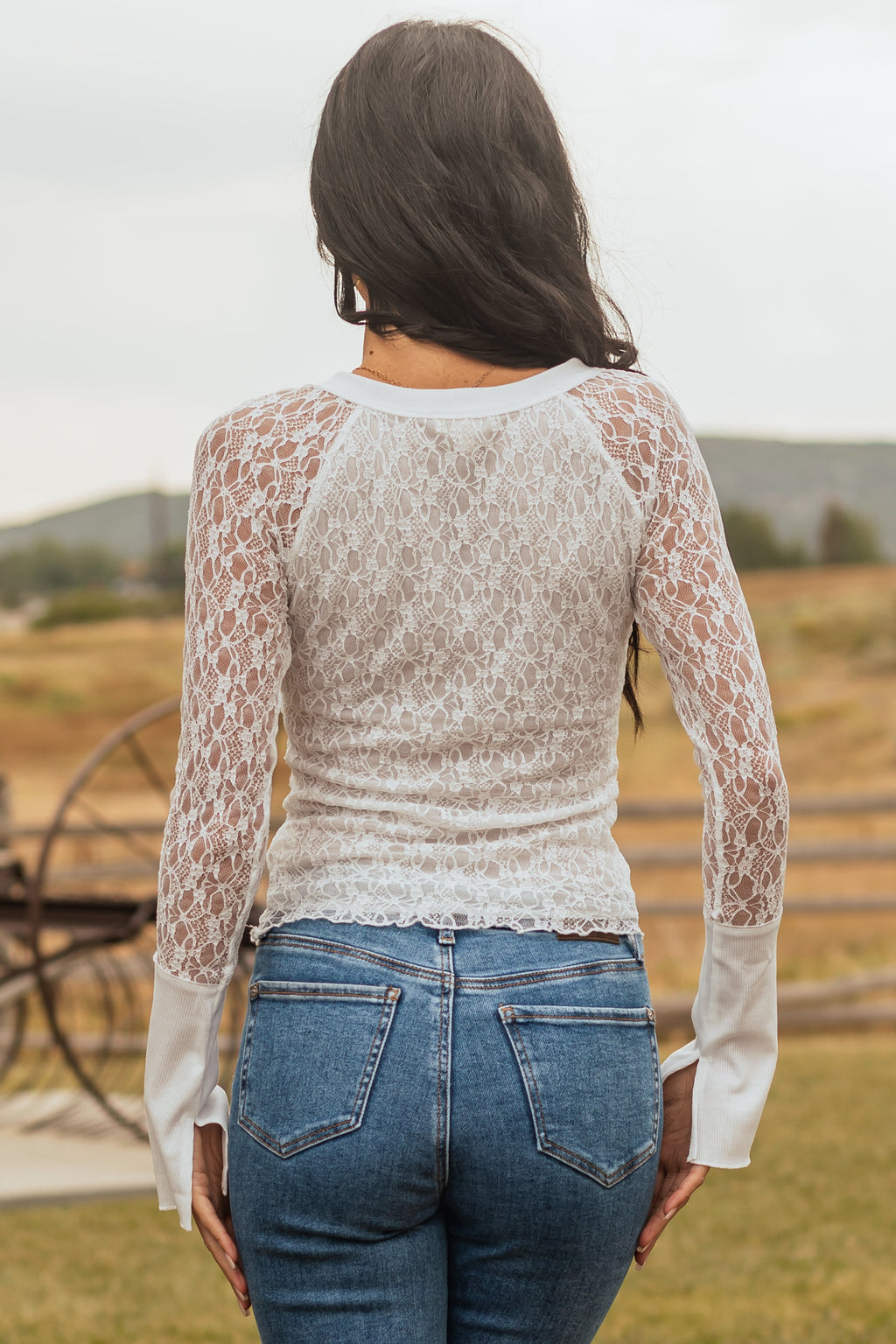 Off White Lace Long Sleeve Henley Top